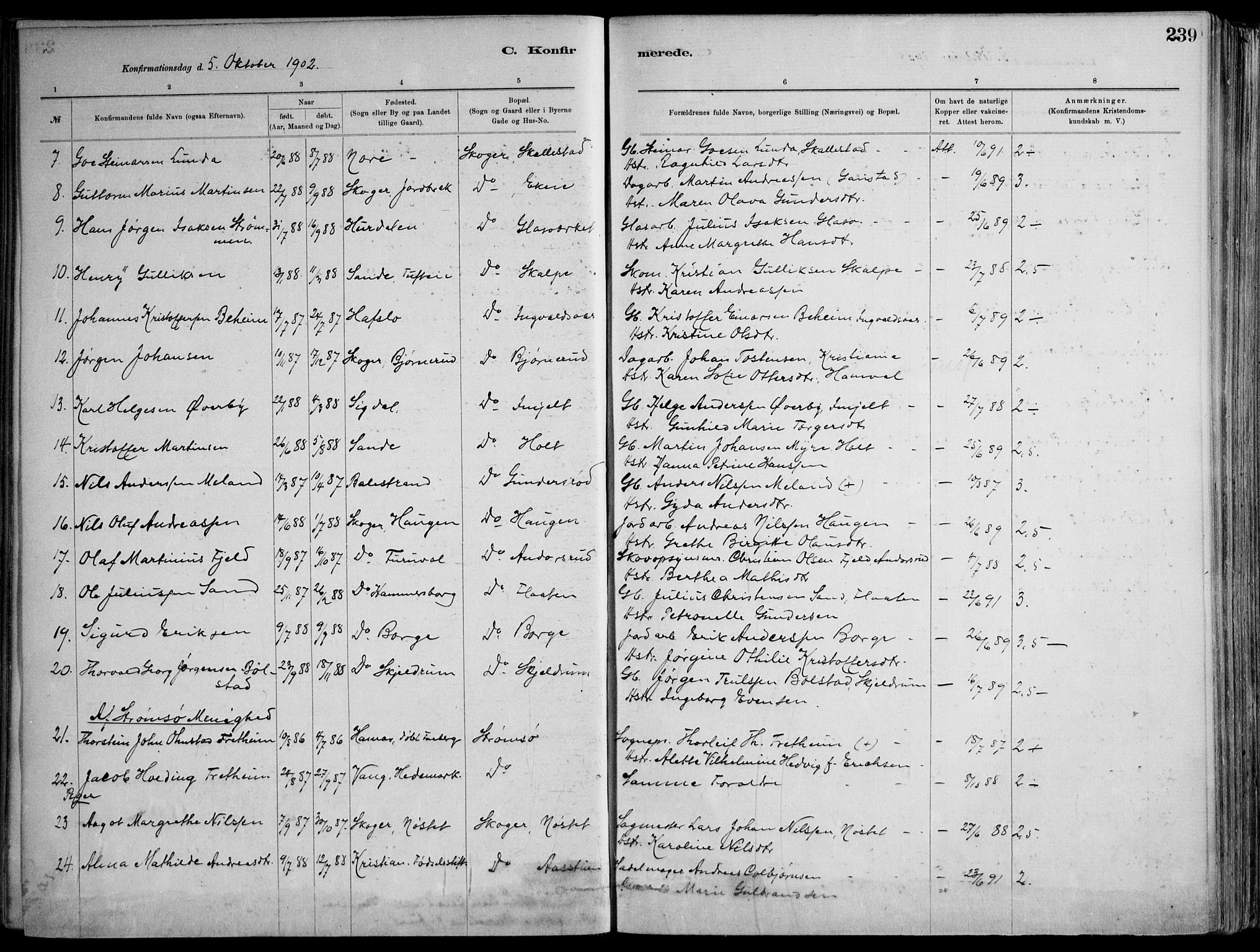 Skoger kirkebøker, AV/SAKO-A-59/F/Fa/L0006: Ministerialbok nr. I 6, 1885-1910, s. 239