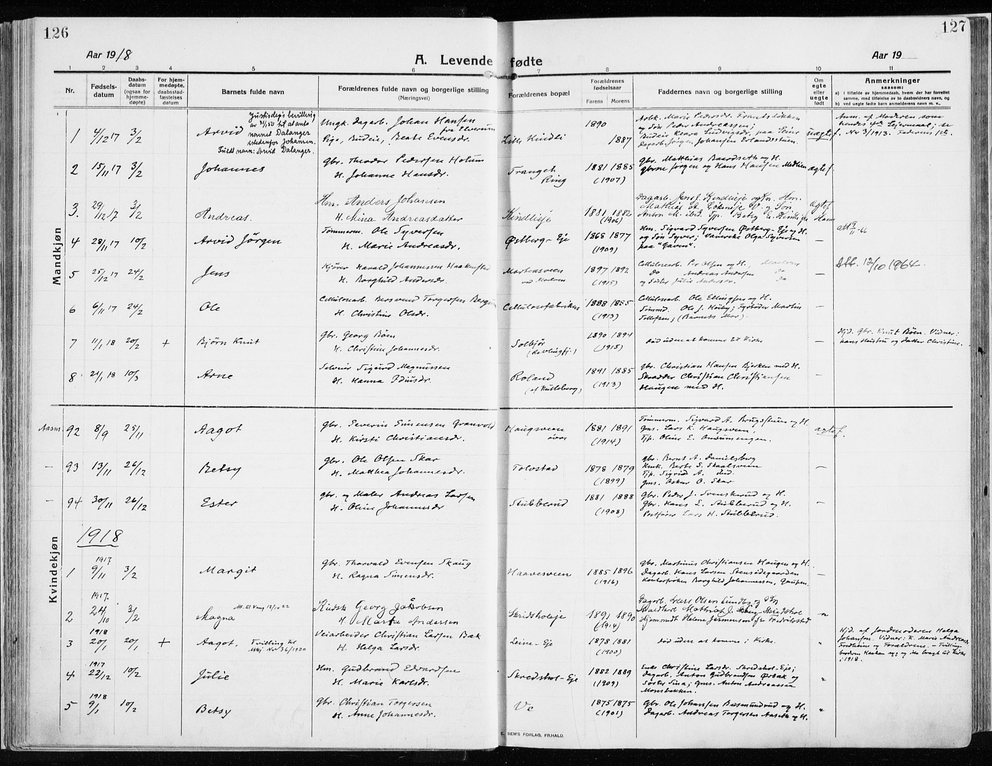 Ringsaker prestekontor, AV/SAH-PREST-014/K/Ka/L0020: Ministerialbok nr. 20, 1913-1922, s. 126-127