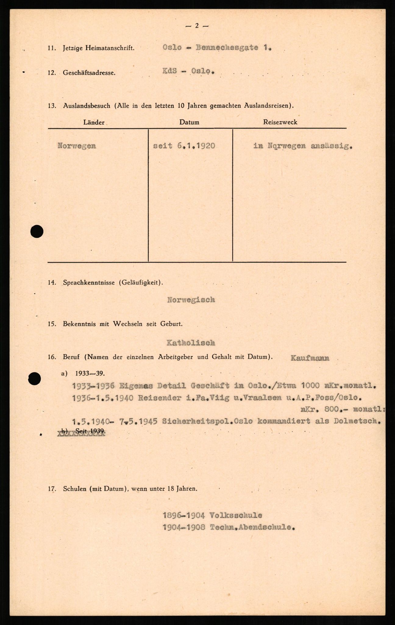 Forsvaret, Forsvarets overkommando II, AV/RA-RAFA-3915/D/Db/L0010: CI Questionaires. Tyske okkupasjonsstyrker i Norge. Tyskere., 1945-1946, s. 162