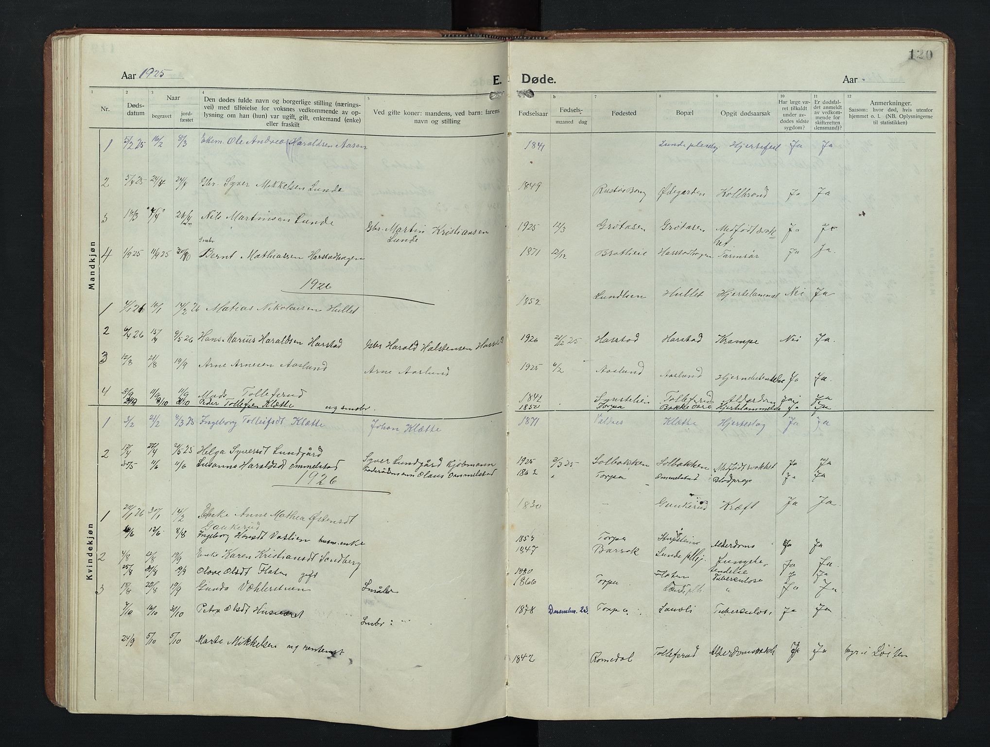 Nordre Land prestekontor, SAH/PREST-124/H/Ha/Hab/L0009: Klokkerbok nr. 9, 1921-1956, s. 120