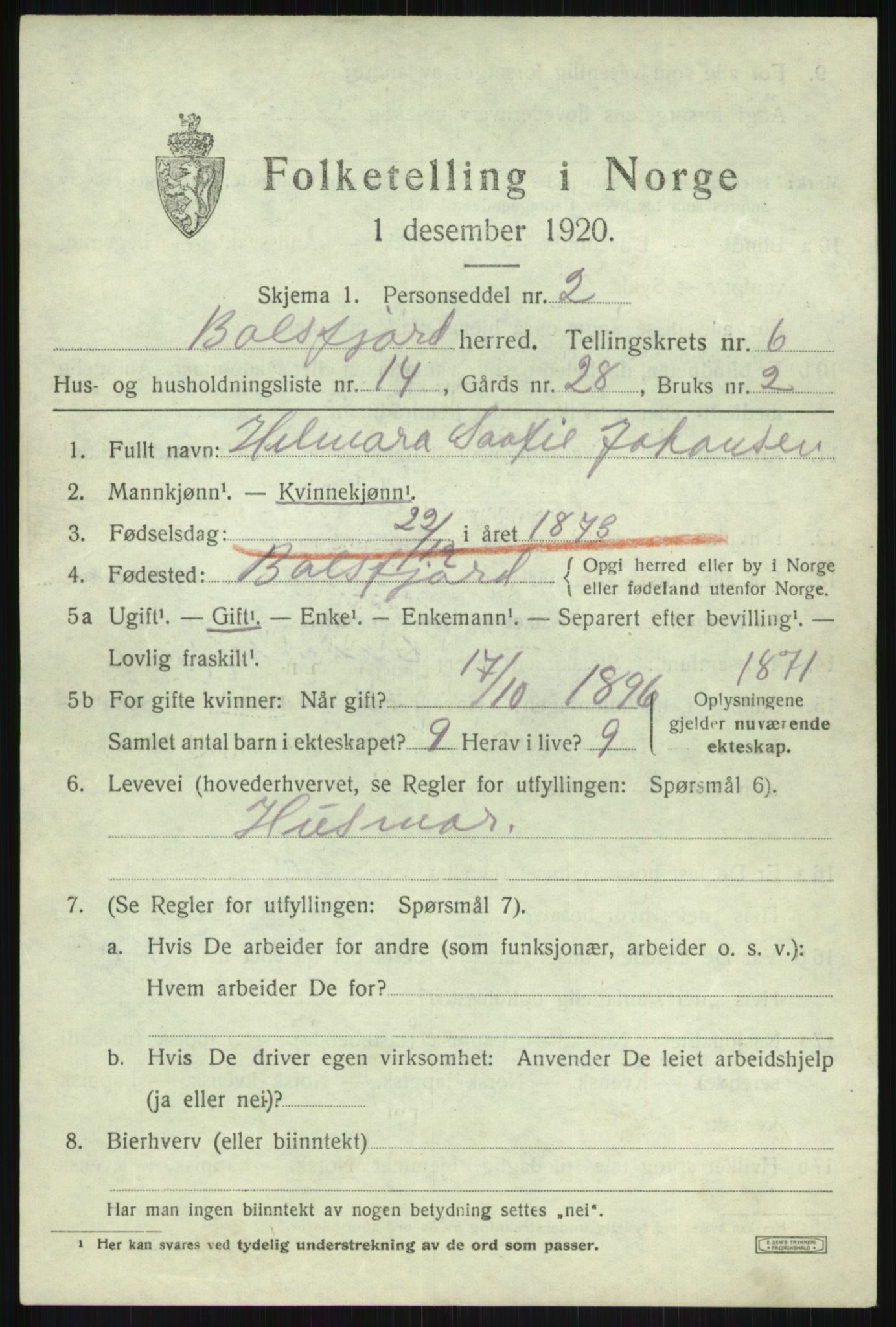 SATØ, Folketelling 1920 for 1933 Balsfjord herred, 1920, s. 3870