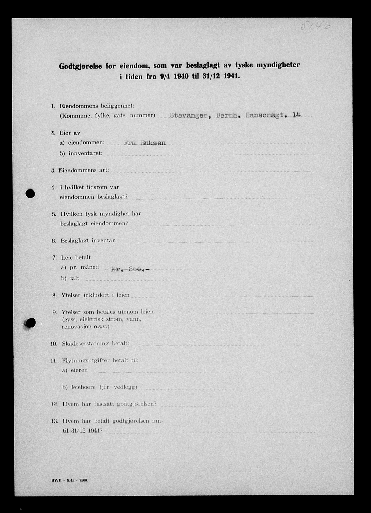 Justisdepartementet, Tilbakeføringskontoret for inndratte formuer, AV/RA-S-1564/I/L1014: Godtgjørelse for beslaglagt eiendom, 1940-1941, s. 30