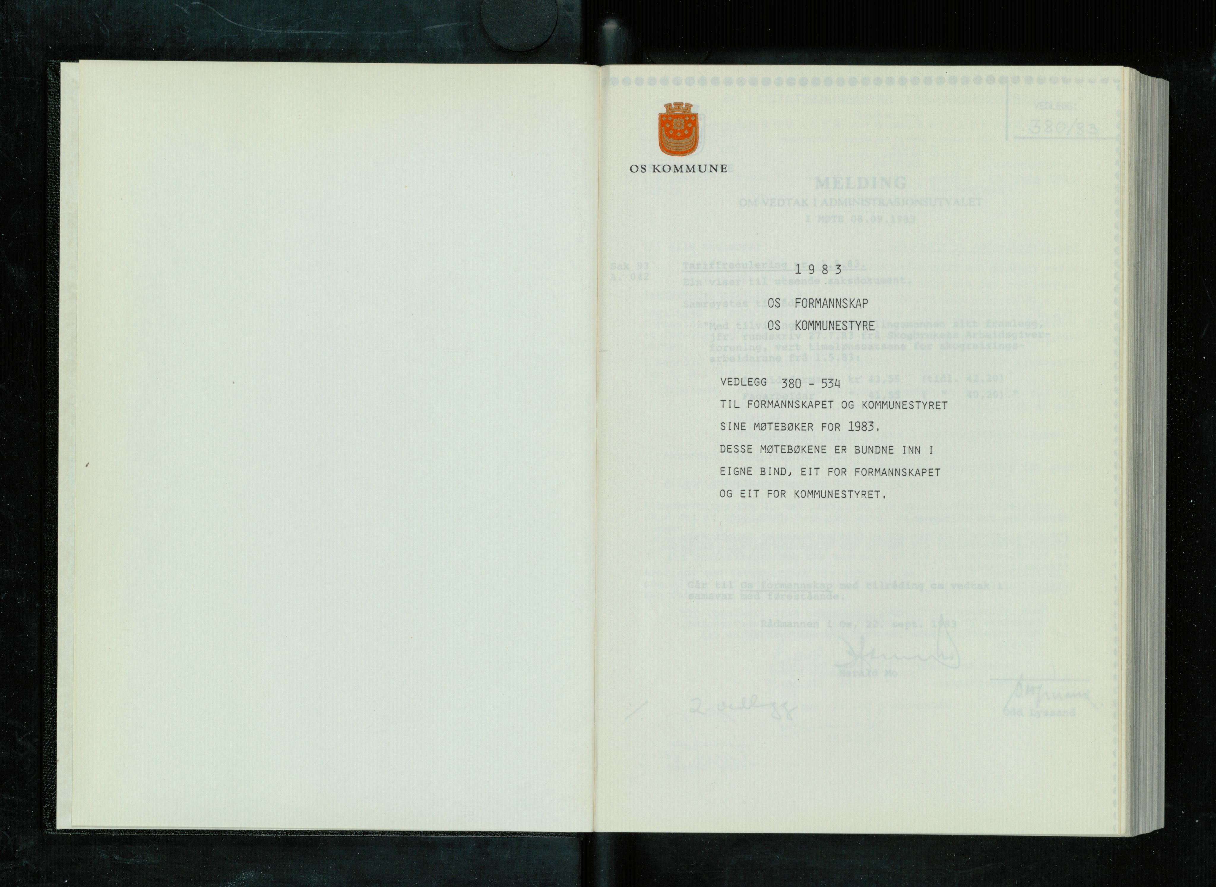 Os kommune. Formannskapet, IKAH/1243-021/A/Ad/L0055: Protokoll over saksvedlegg til møtebøker for formannskapet og kommunestyret. Vedlegg 380-534, 1983