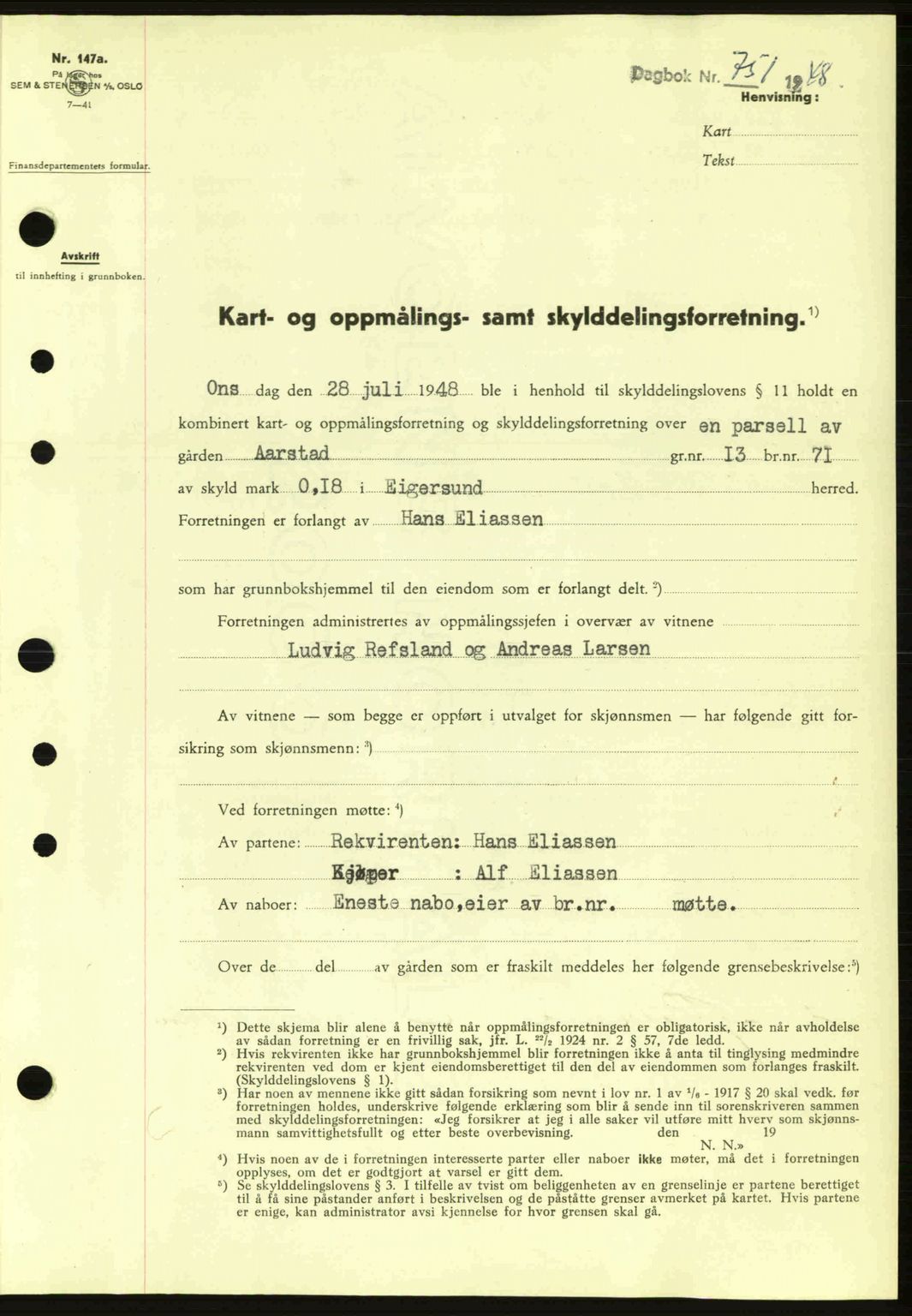 Dalane sorenskriveri, SAST/A-100309/02/G/Gb/L0051: Pantebok nr. A11, 1947-1948, Dagboknr: 751/1948