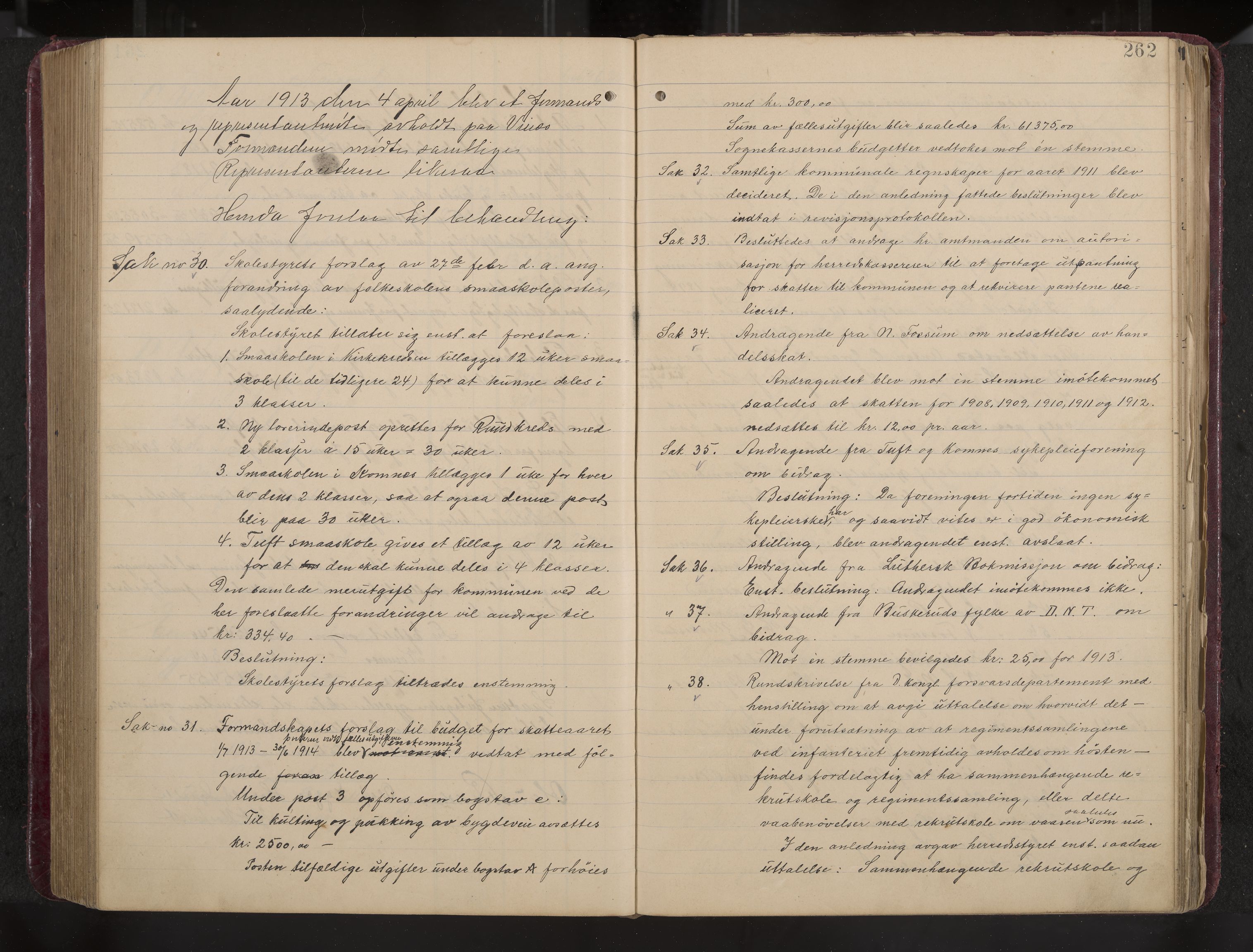 Ytre Sandsvær formannskap og sentraladministrasjon, IKAK/0629021/A/Aa/L0001: Møtebok med register, 1902-1919, s. 262