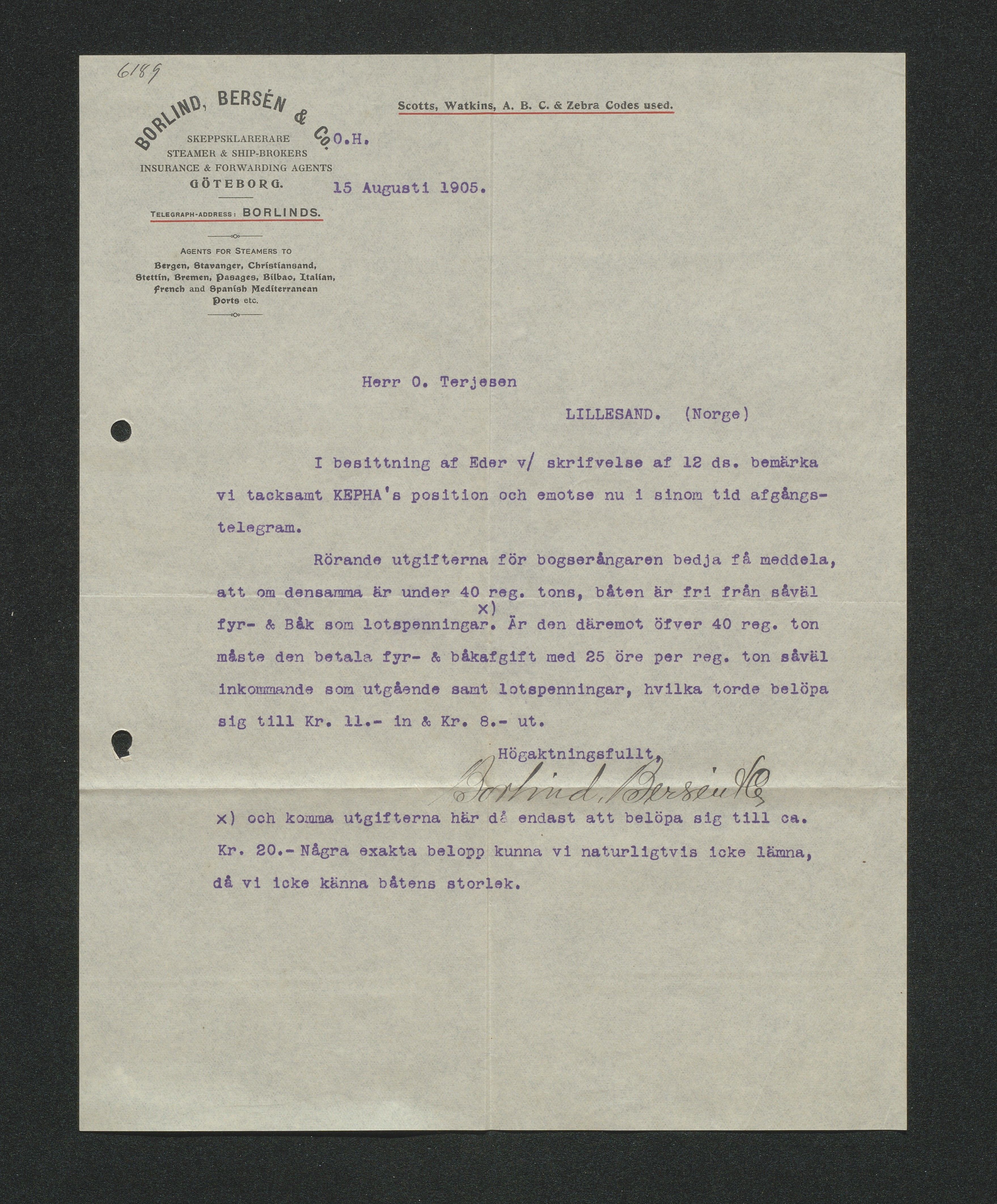 O. Terjesens rederi, AAKS/PA-2525/E/E01/L0013: Korrespondanse, 1904-1905