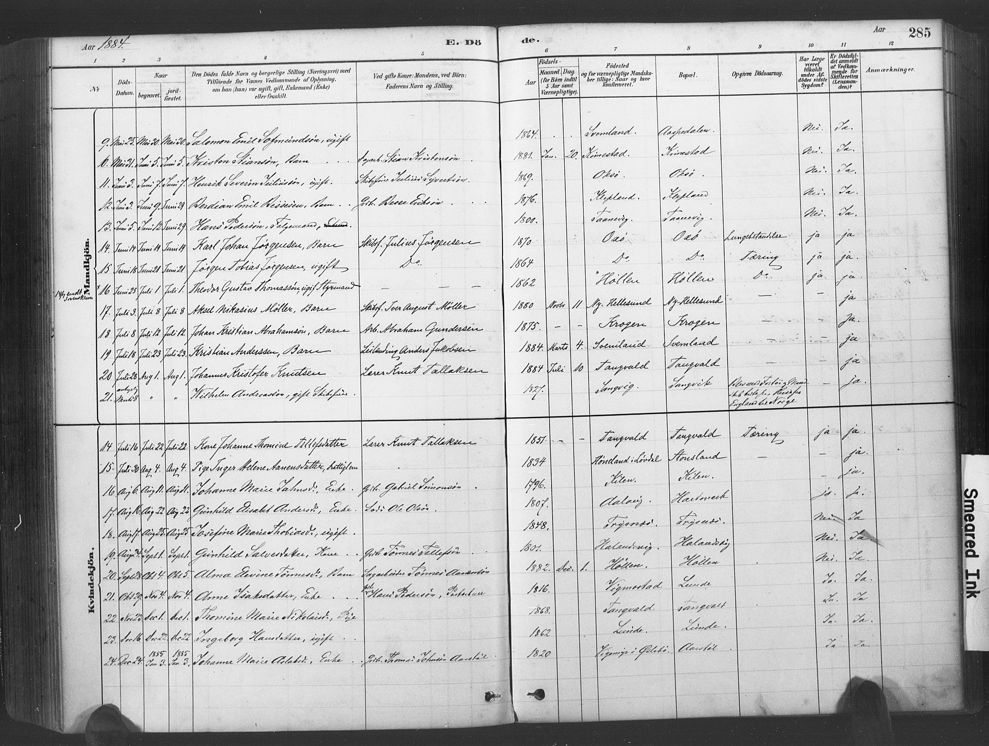 Søgne sokneprestkontor, AV/SAK-1111-0037/F/Fa/Fab/L0012: Ministerialbok nr. A 12, 1880-1891, s. 285