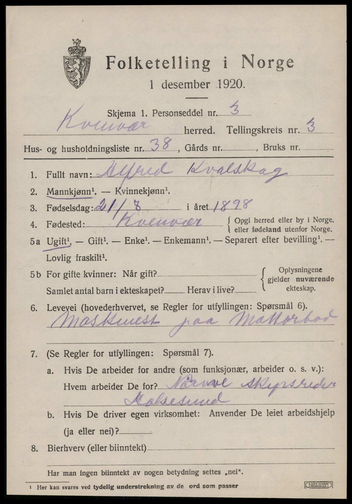 SAT, Folketelling 1920 for 1618 Kvenvær herred, 1920, s. 1362