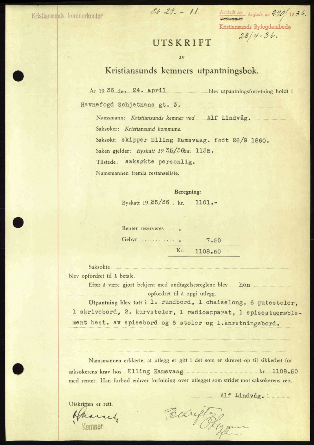 Kristiansund byfogd, SAT/A-4587/A/27: Pantebok nr. 29, 1936-1937, Dagboknr: 290/1936