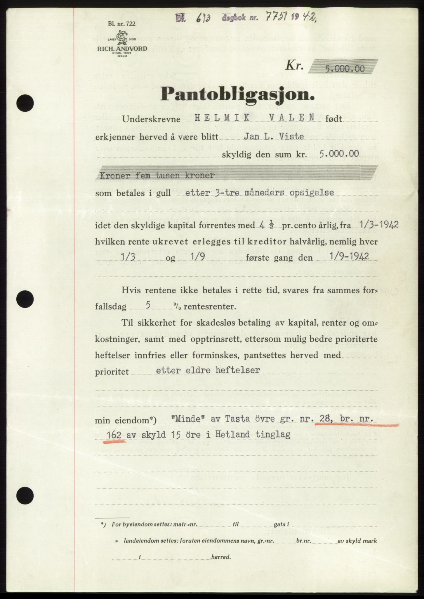 Jæren sorenskriveri, SAST/A-100310/03/G/Gba/L0082: Pantebok, 1942-1942, Dagboknr: 775/1942