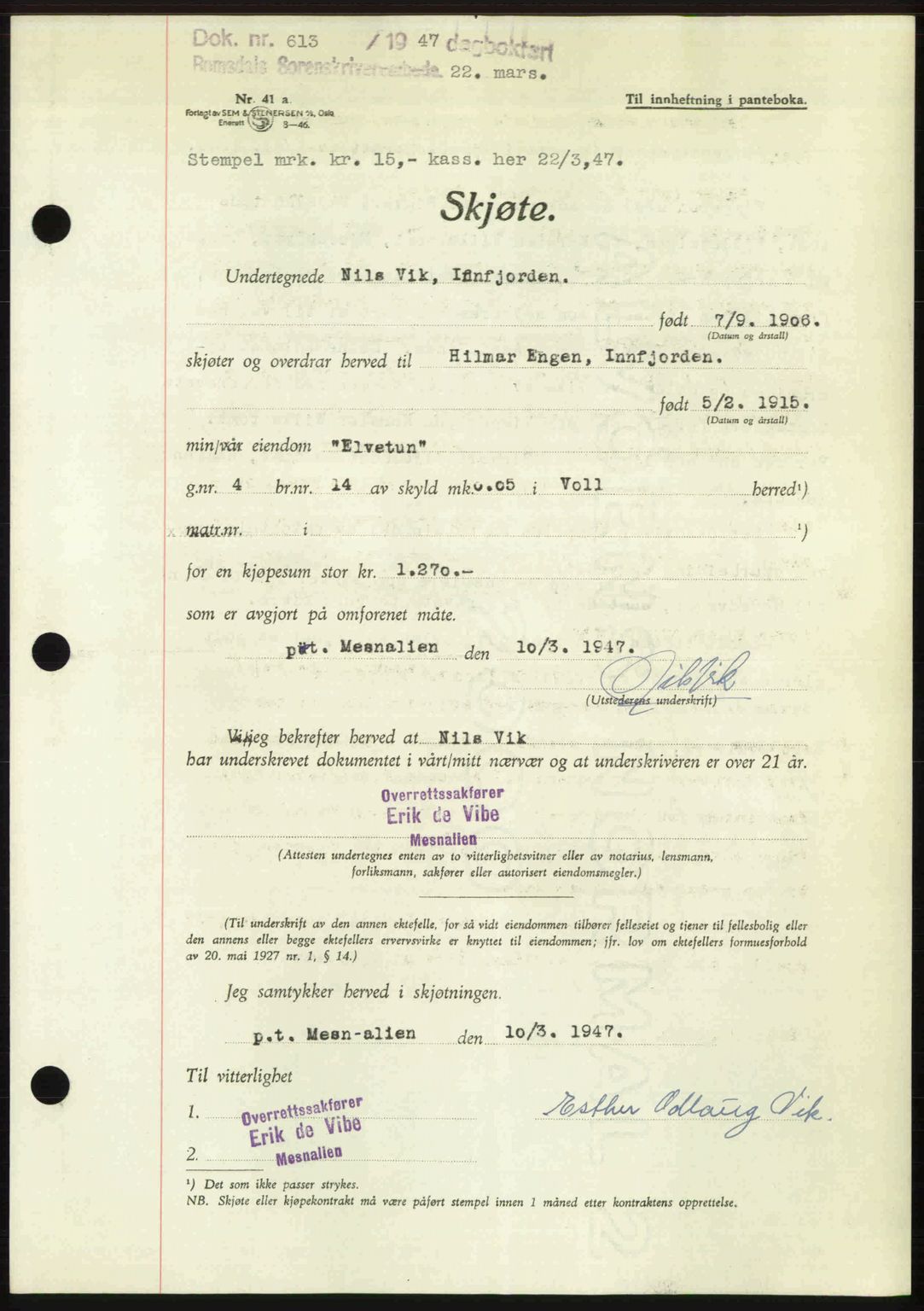 Romsdal sorenskriveri, SAT/A-4149/1/2/2C: Pantebok nr. A22, 1947-1947, Dagboknr: 613/1947