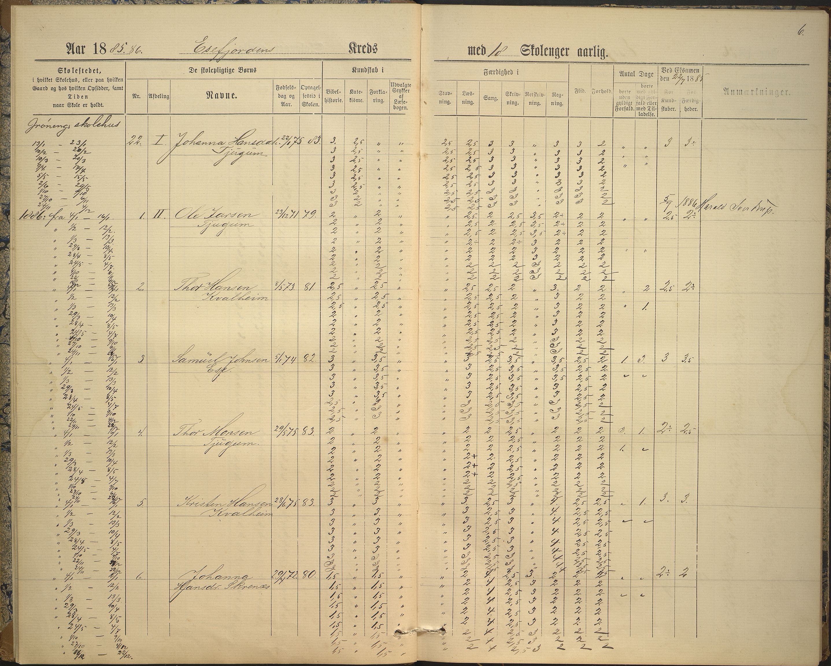 Balestrand kommune. Grøneng skule/Esefjorden skulekrins, VLFK/K-14180.520.07/542/L0001: skuleprotokoll for Esefjorden skulekrins, 1885-1913, s. 6