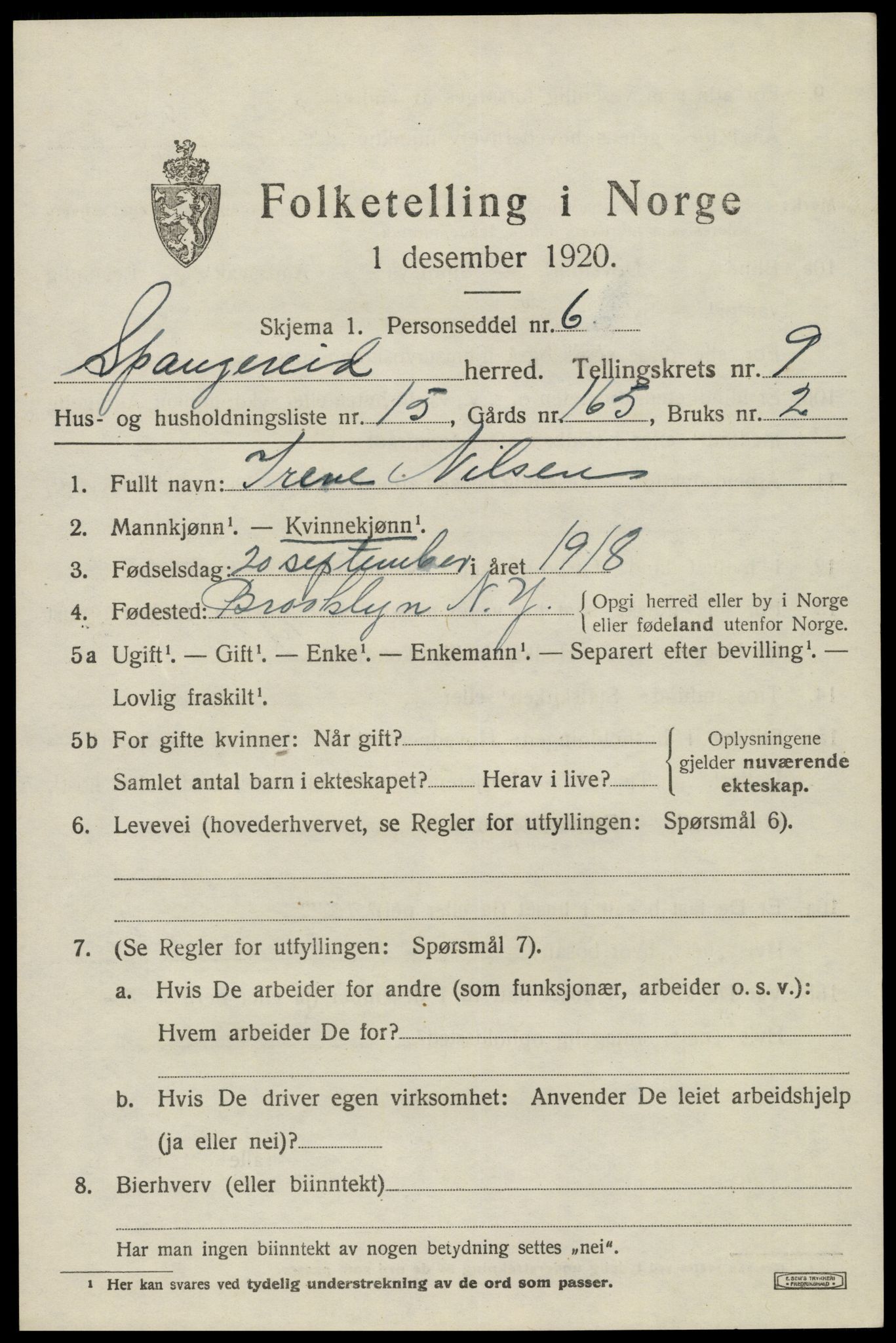 SAK, Folketelling 1920 for 1030 Spangereid herred, 1920, s. 3311