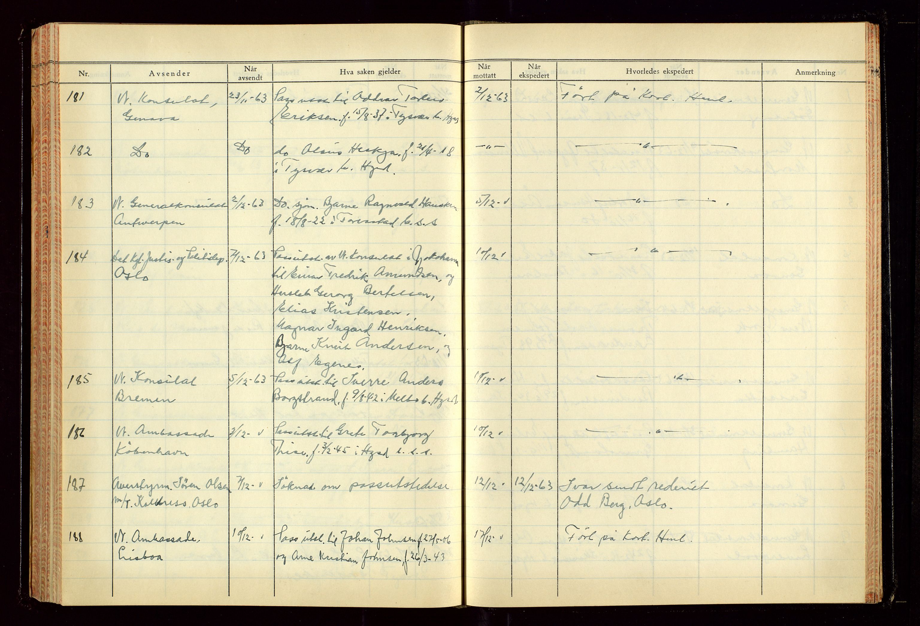 Haugesund politikammer, AV/SAST-A-100440/K/L0007: Passjournal (16 12 53-07 1065), 1953-1965, s. 188