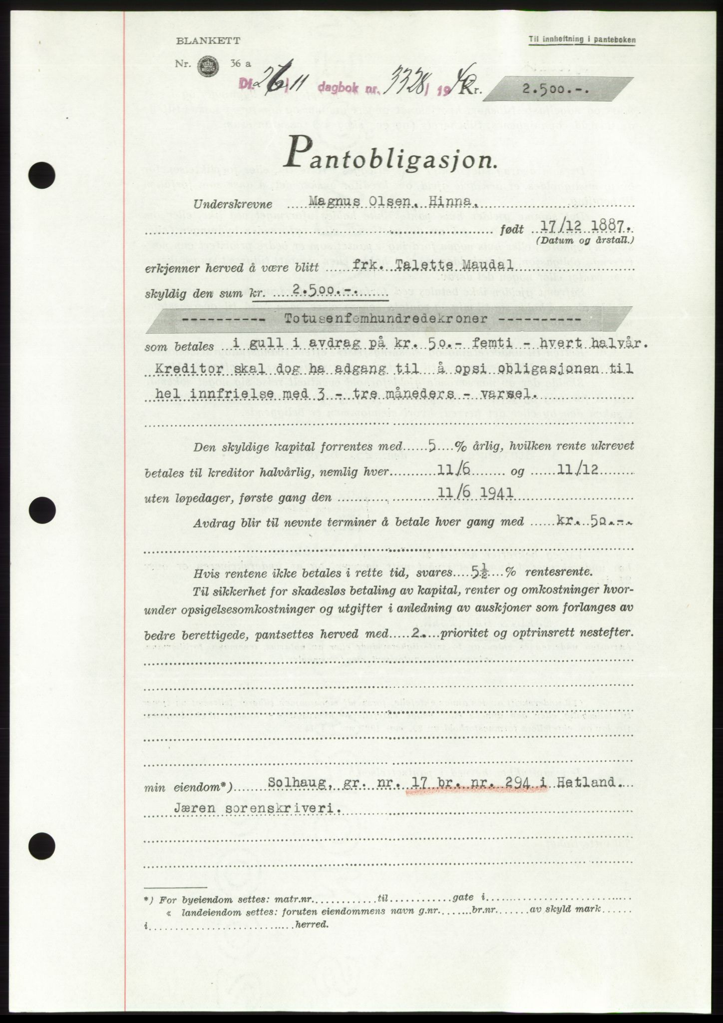 Jæren sorenskriveri, SAST/A-100310/03/G/Gba/L0078: Pantebok, 1940-1940, Dagboknr: 3328/1940