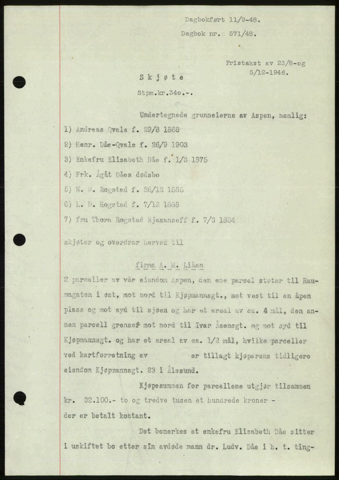 Ålesund byfogd, AV/SAT-A-4384: Pantebok nr. 37A (1), 1947-1949, Dagboknr: 571/1948