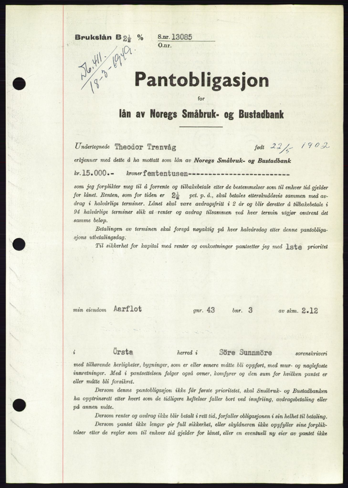Søre Sunnmøre sorenskriveri, AV/SAT-A-4122/1/2/2C/L0116: Pantebok nr. 4B, 1948-1949, Dagboknr: 411/1949