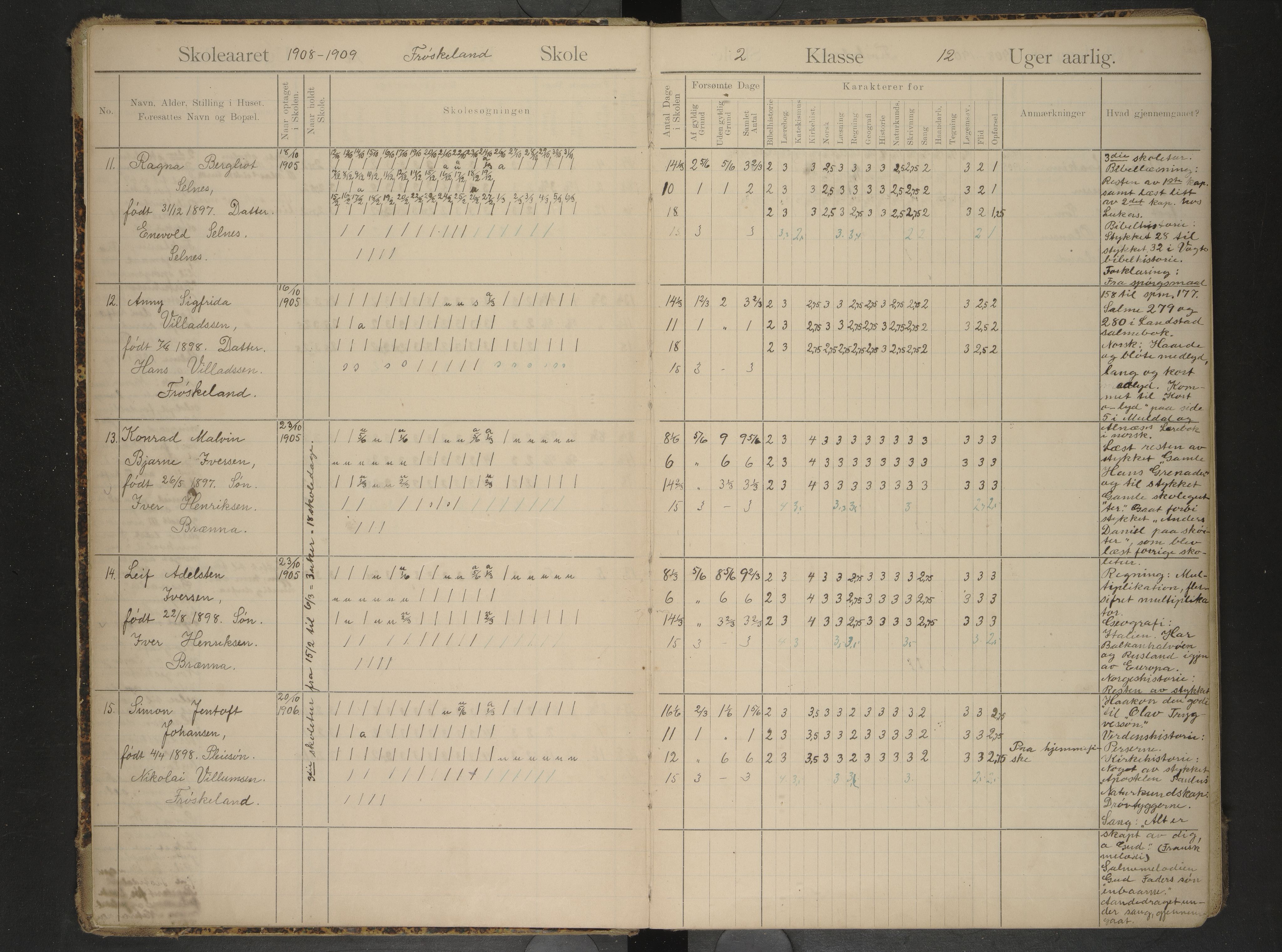 Hadsel kommune. Frøskeland skolekrets, AIN/K-18660.510.40/G/L0003: Skoleprotokoll for Frøskeland skole. 2. og 3. klasse, 1908-1920