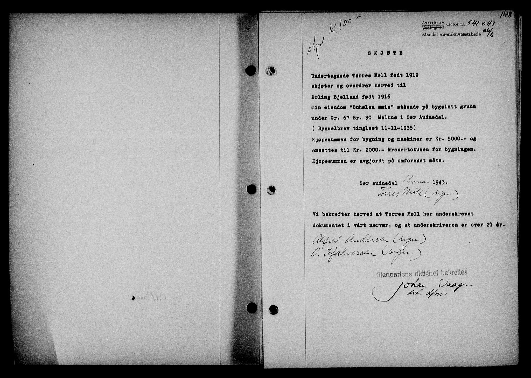 Mandal sorenskriveri, SAK/1221-0005/001/G/Gb/Gba/L0075: Pantebok nr. A-12, 1943-1944, Dagboknr: 541/1943