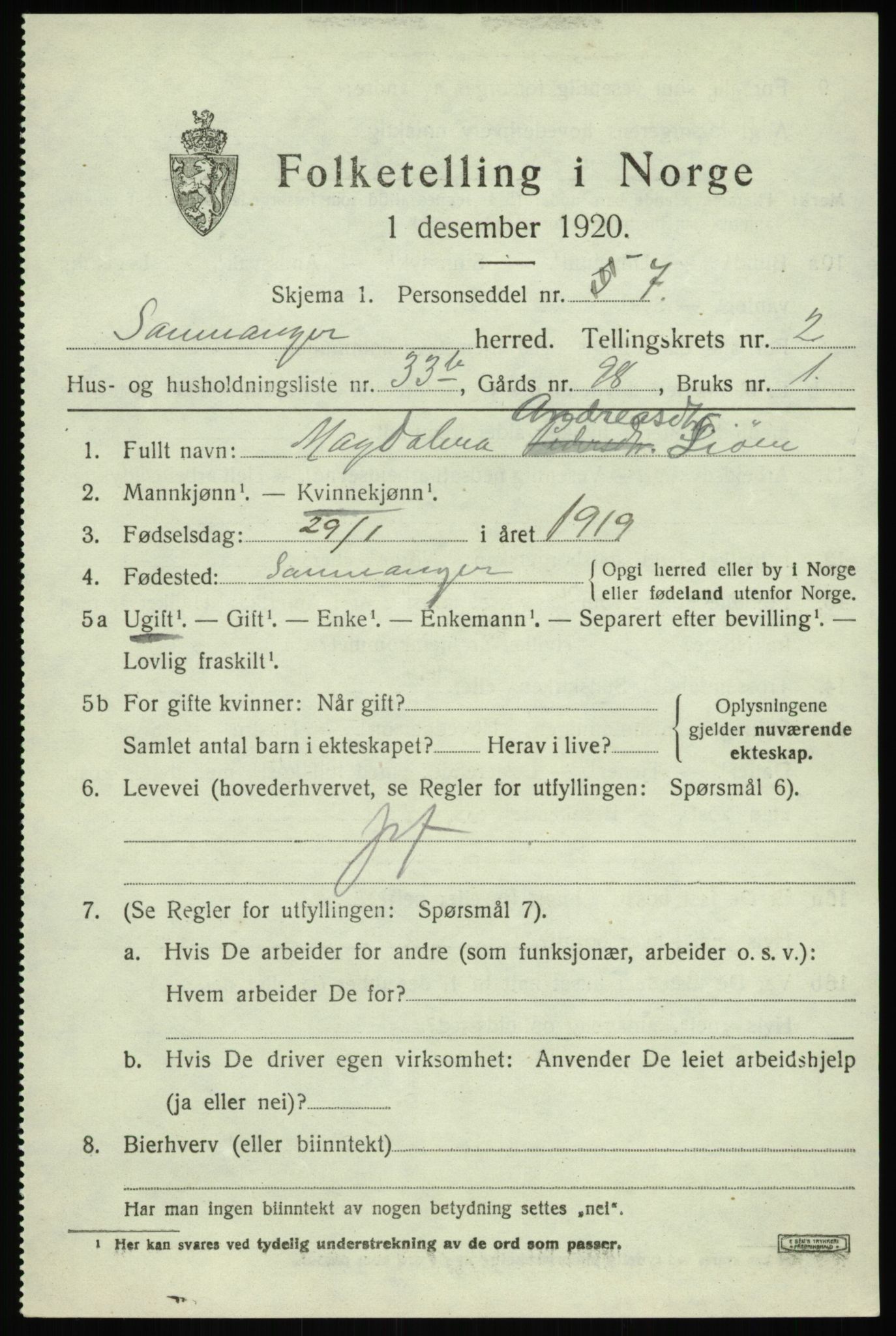 SAB, Folketelling 1920 for 1242 Samnanger herred, 1920, s. 1489