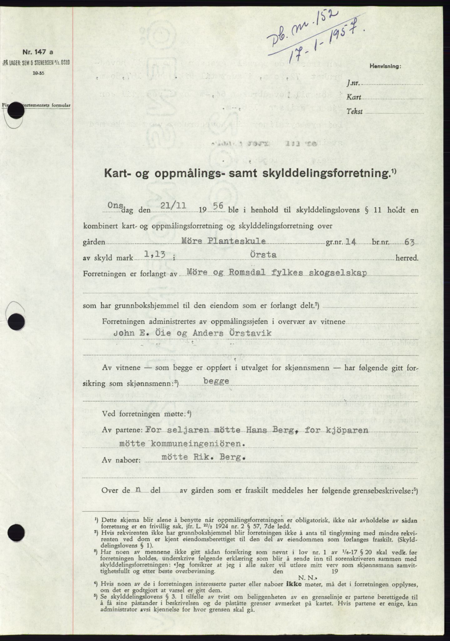 Søre Sunnmøre sorenskriveri, SAT/A-4122/1/2/2C/L0105: Pantebok nr. 31A, 1956-1957, Dagboknr: 152/1957
