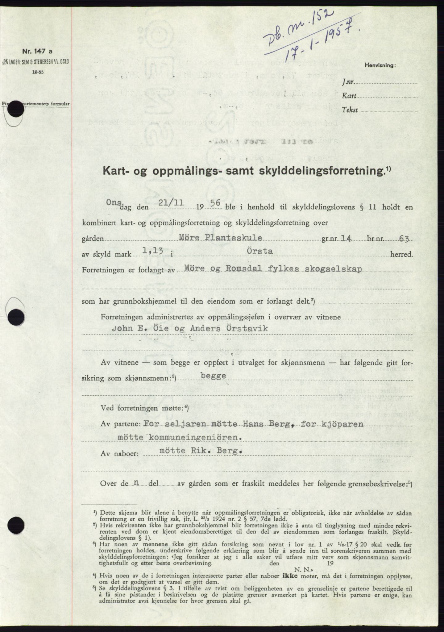 Søre Sunnmøre sorenskriveri, AV/SAT-A-4122/1/2/2C/L0105: Pantebok nr. 31A, 1956-1957, Dagboknr: 152/1957