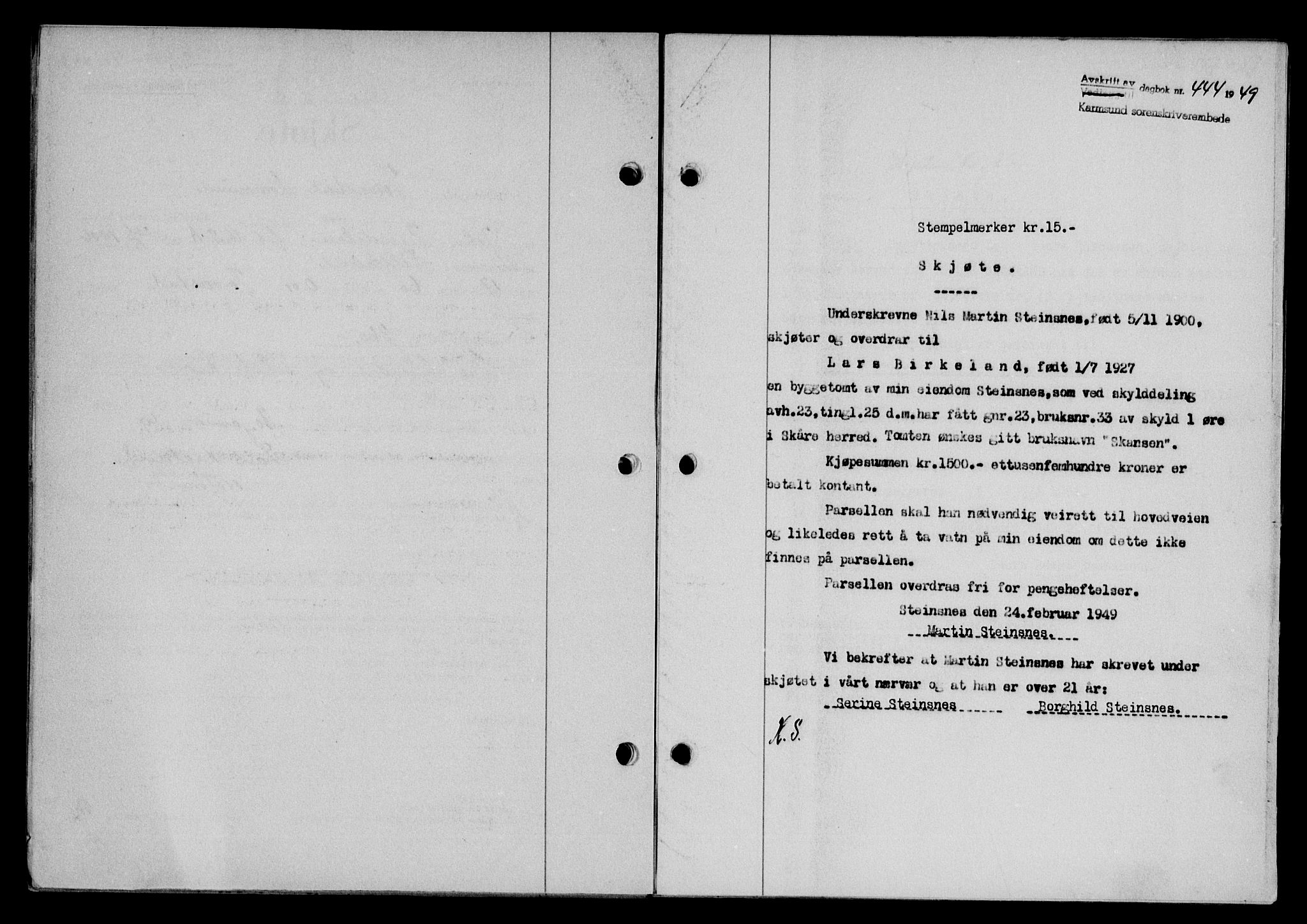 Karmsund sorenskriveri, SAST/A-100311/01/II/IIB/L0095: Pantebok nr. 75A, 1948-1949, Dagboknr: 444/1949