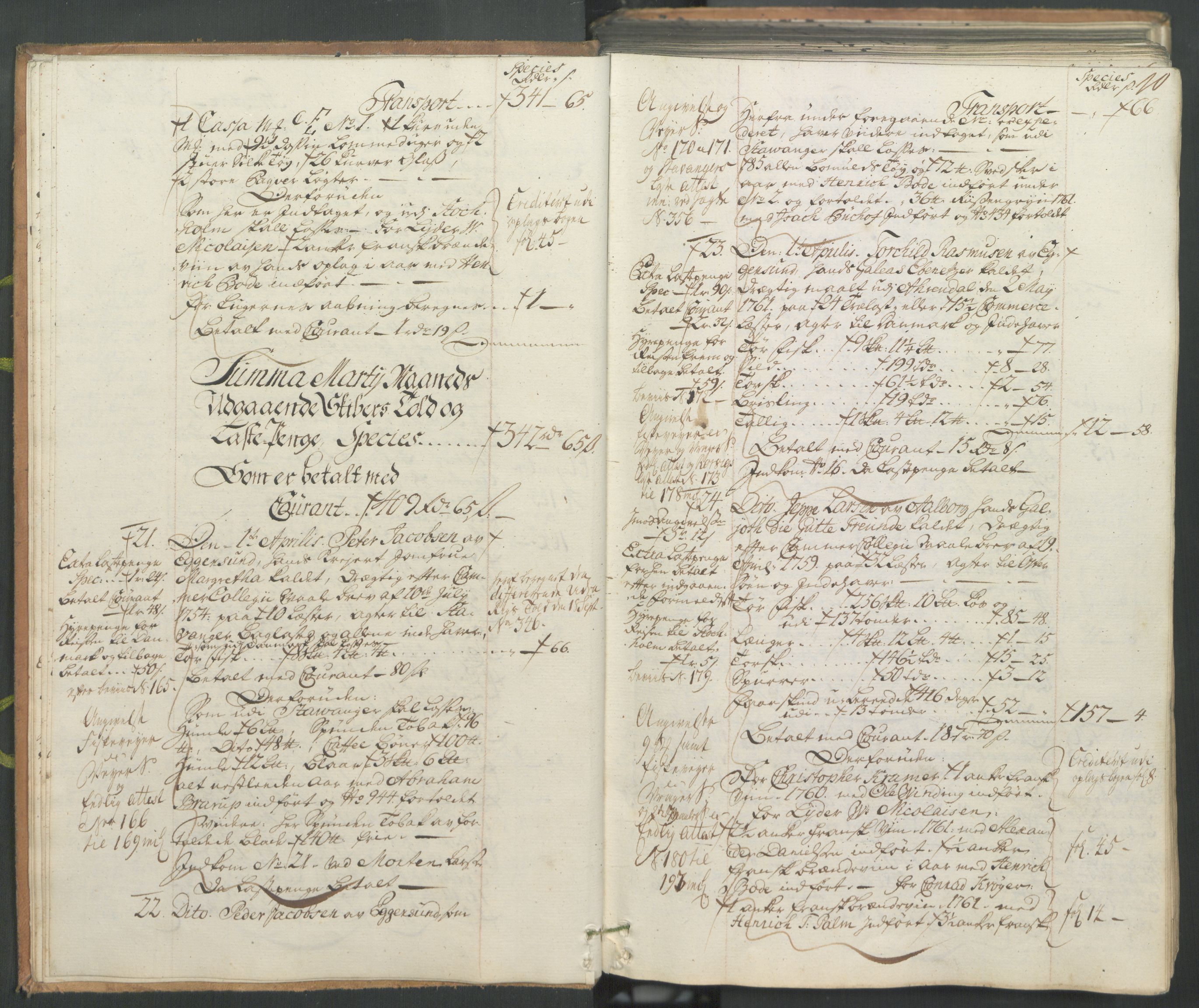 Generaltollkammeret, tollregnskaper, AV/RA-EA-5490/R26/L0102/0001: Tollregnskaper Bergen A / Utgående hovedtollbok, 1762, s. 9b-10a