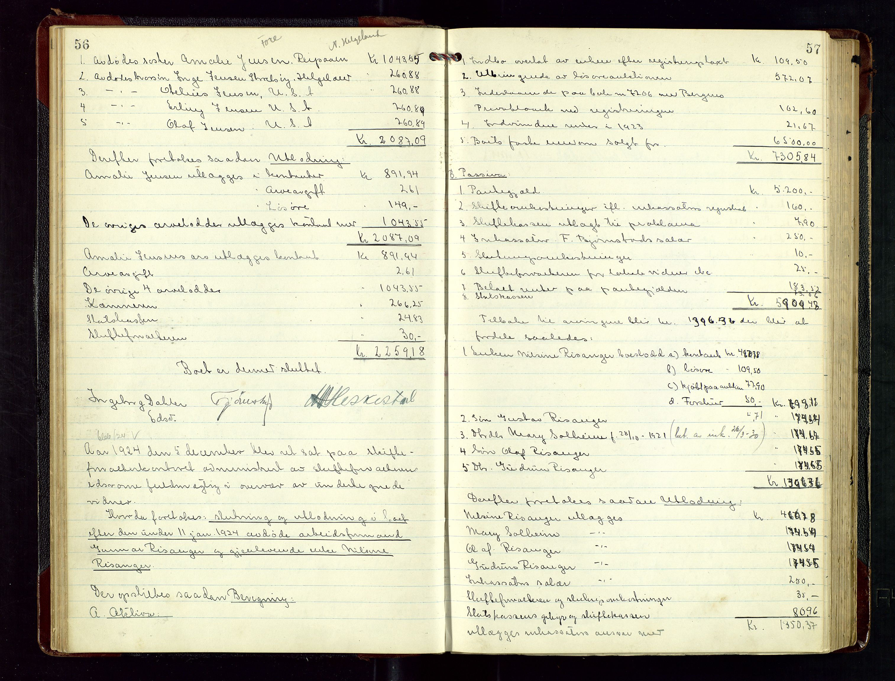Haugesund tingrett, AV/SAST-A-101415/01/IV/IVD/L0004: Skifteutlodningsprotokoll, med register, 1924-1931, s. 56-57