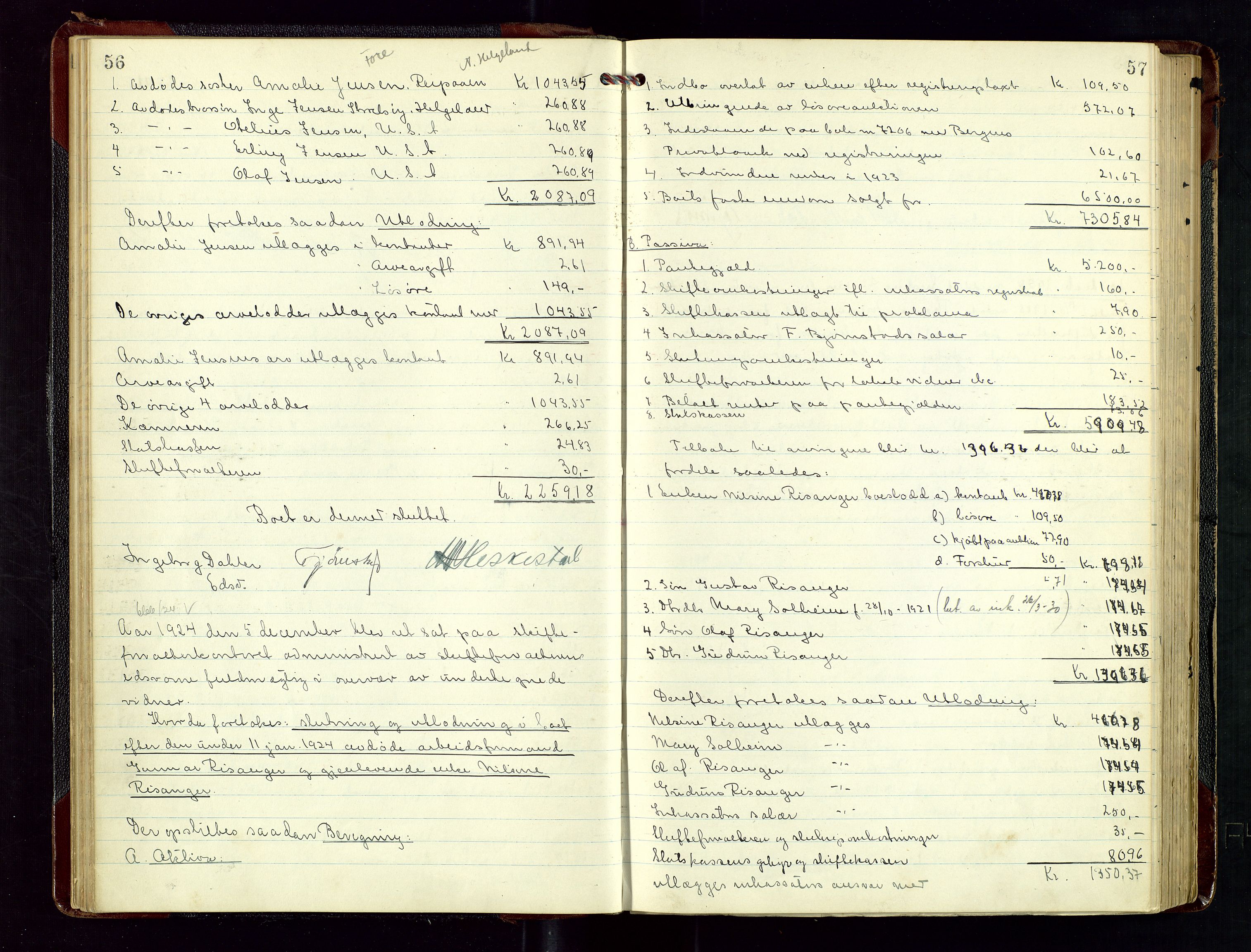 Haugesund tingrett, SAST/A-101415/01/IV/IVD/L0004: Skifteutlodningsprotokoll, med register, 1924-1931, s. 56-57