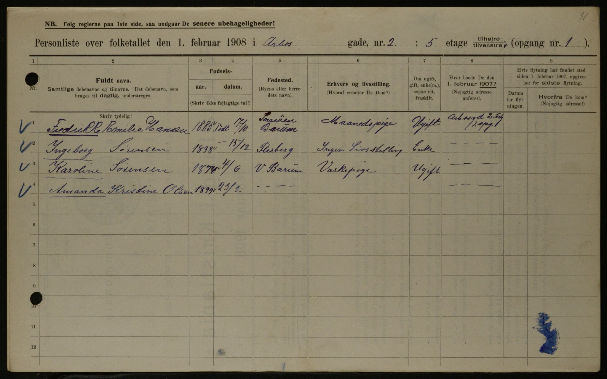 OBA, Kommunal folketelling 1.2.1908 for Kristiania kjøpstad, 1908, s. 2015