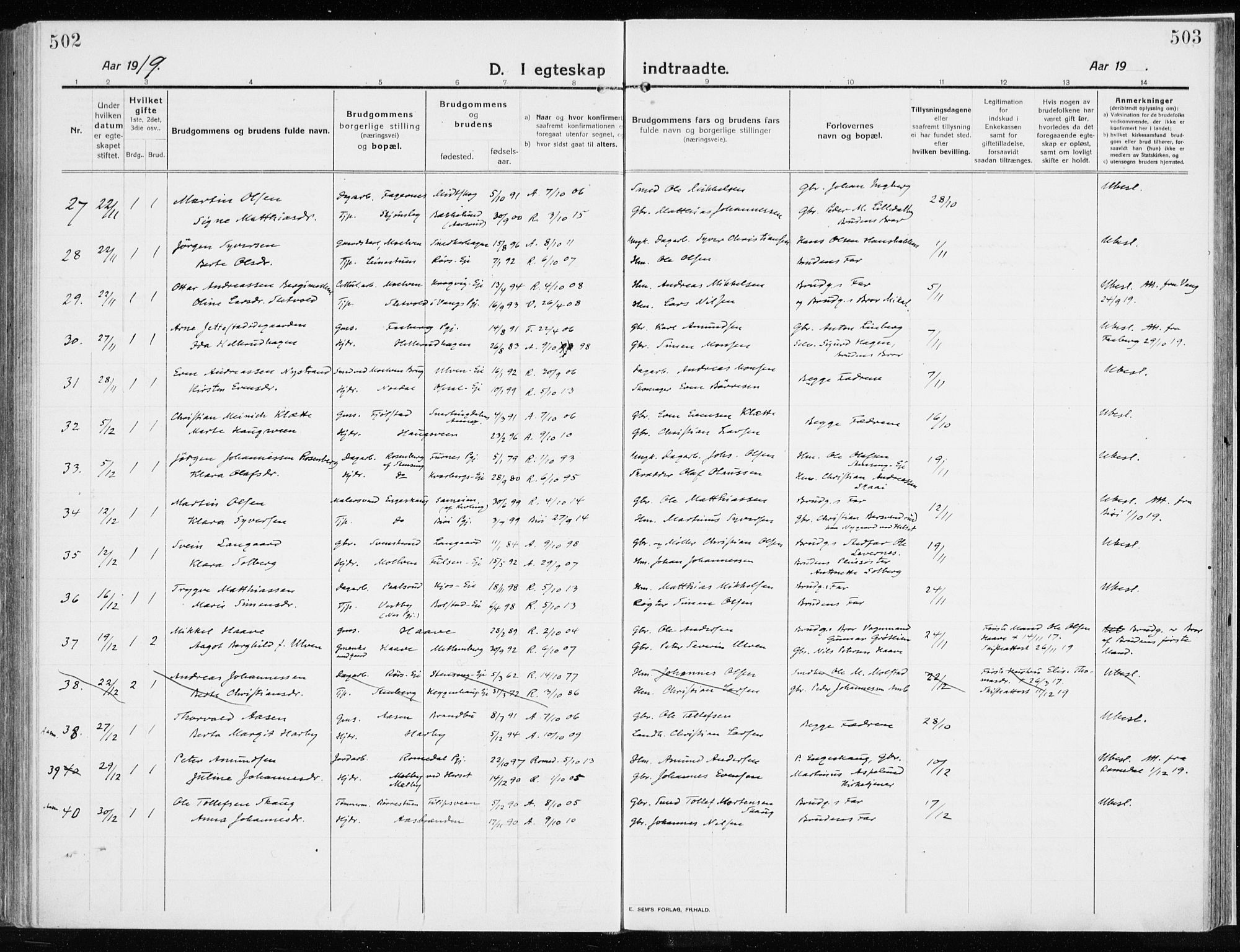 Ringsaker prestekontor, SAH/PREST-014/K/Ka/L0020: Ministerialbok nr. 20, 1913-1922, s. 502-503