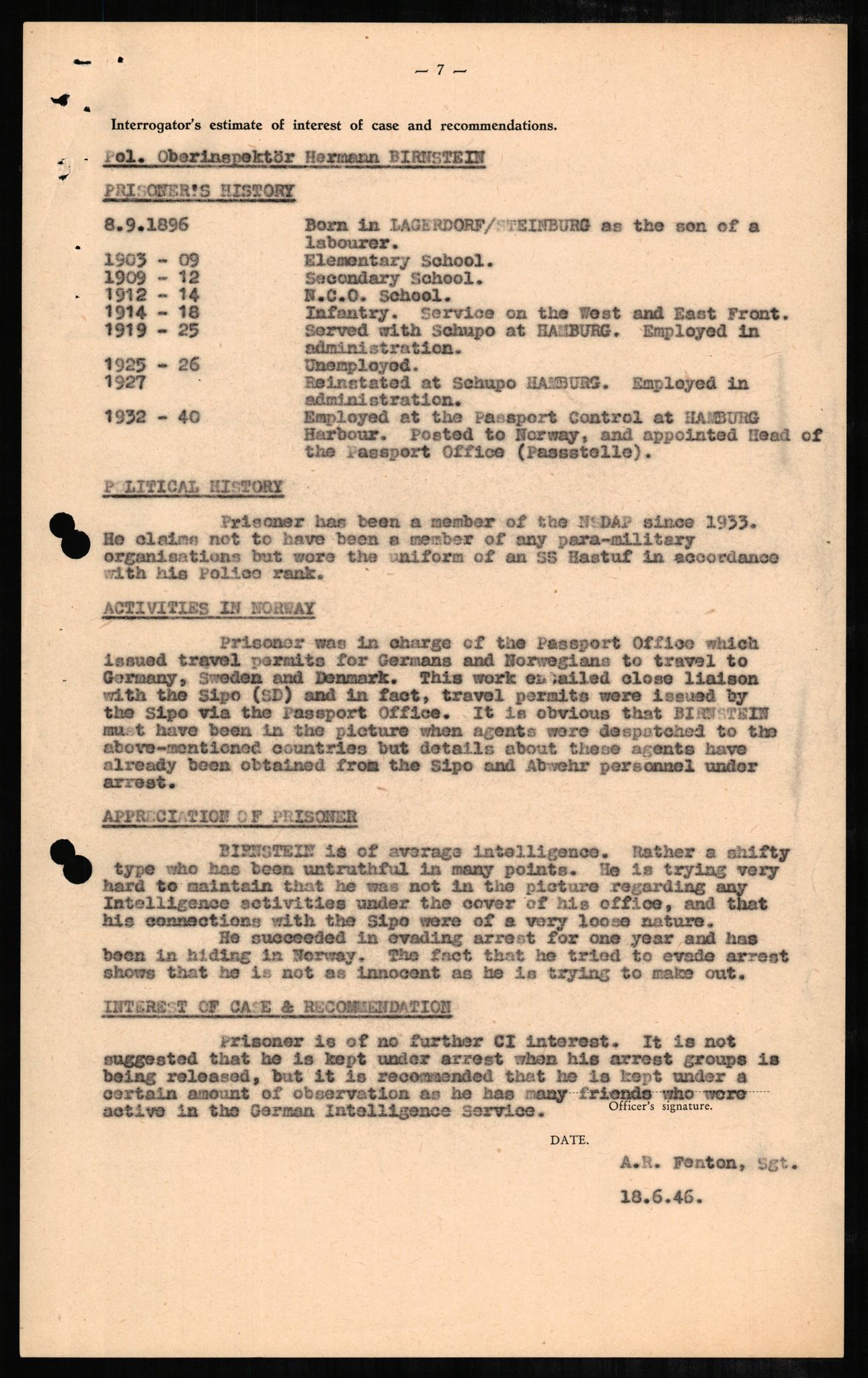 Forsvaret, Forsvarets overkommando II, AV/RA-RAFA-3915/D/Db/L0003: CI Questionaires. Tyske okkupasjonsstyrker i Norge. Tyskere., 1945-1946, s. 187