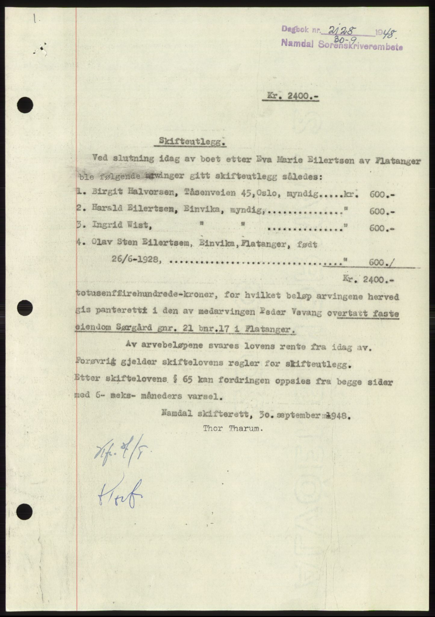 Namdal sorenskriveri, SAT/A-4133/1/2/2C: Pantebok nr. -, 1948-1948, Dagboknr: 2128/1948