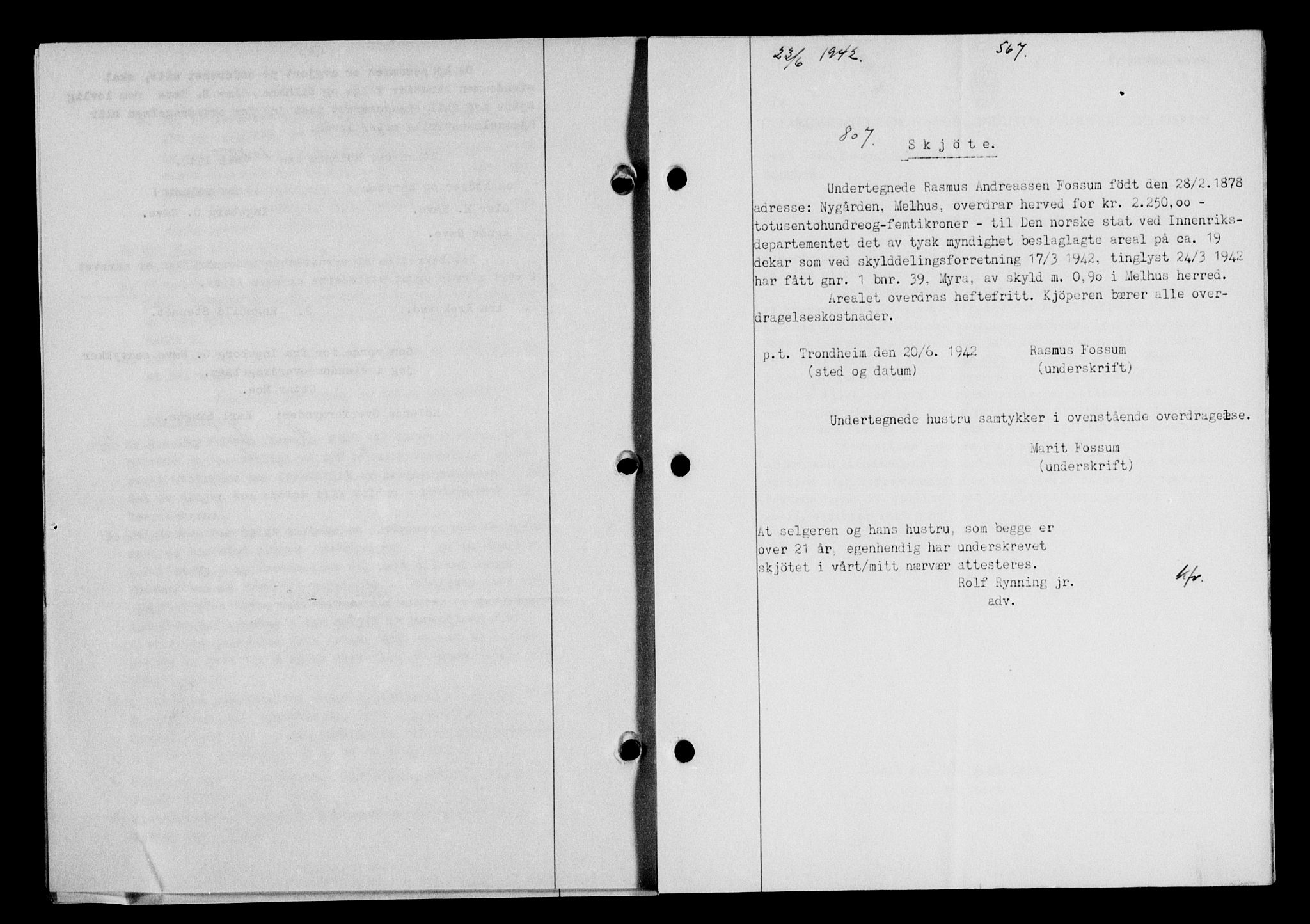 Gauldal sorenskriveri, SAT/A-0014/1/2/2C/L0054: Pantebok nr. 59, 1941-1942, Dagboknr: 807/1942