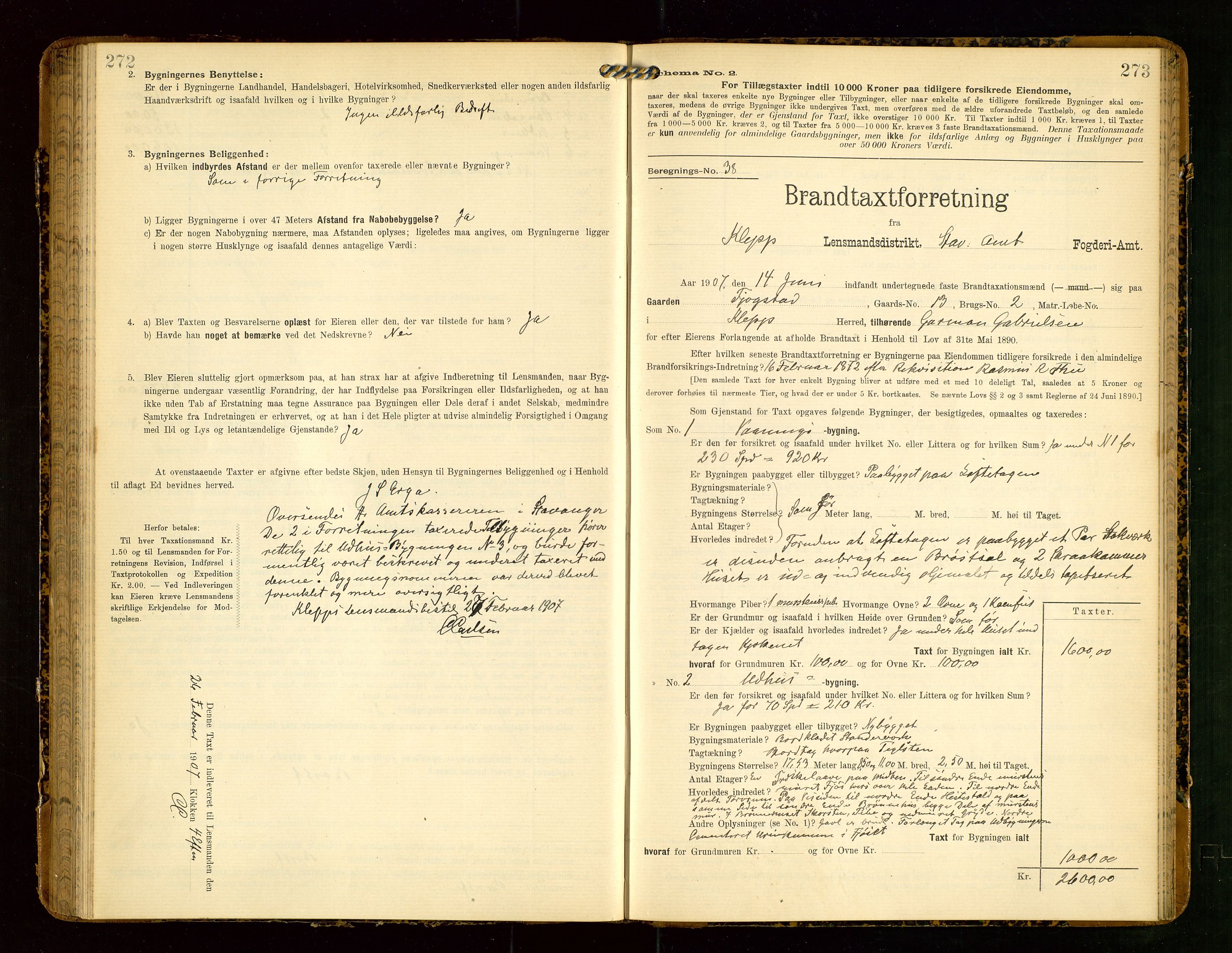 Klepp lensmannskontor, AV/SAST-A-100163/Goc/L0004: "Brandtaxationsprotokol" m/register, 1906-1908, s. 272-273