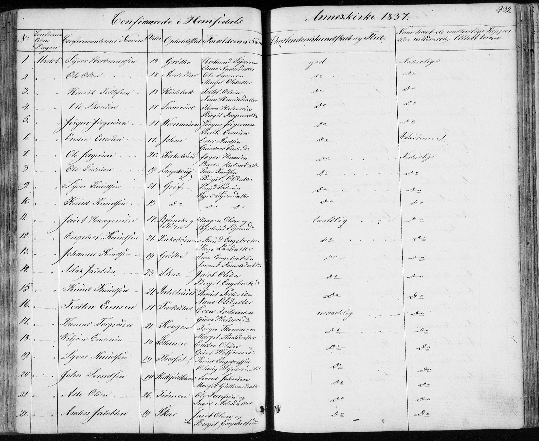 Nes kirkebøker, AV/SAKO-A-236/F/Fa/L0009: Ministerialbok nr. 9, 1834-1863, s. 332