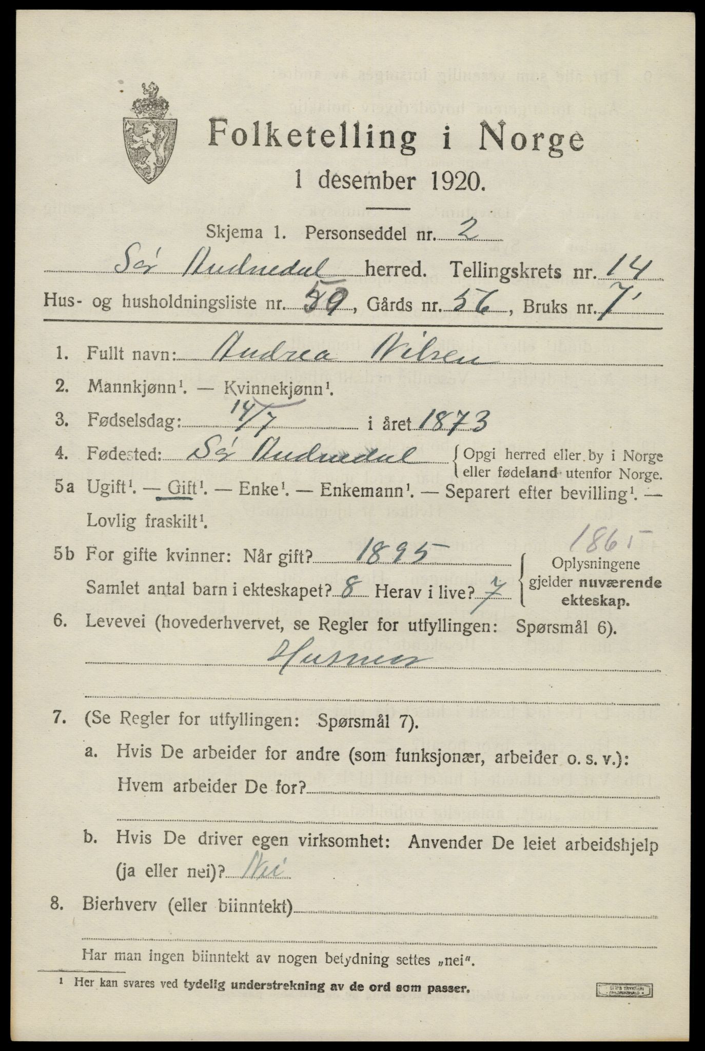 SAK, Folketelling 1920 for 1029 Sør-Audnedal herred, 1920, s. 5639