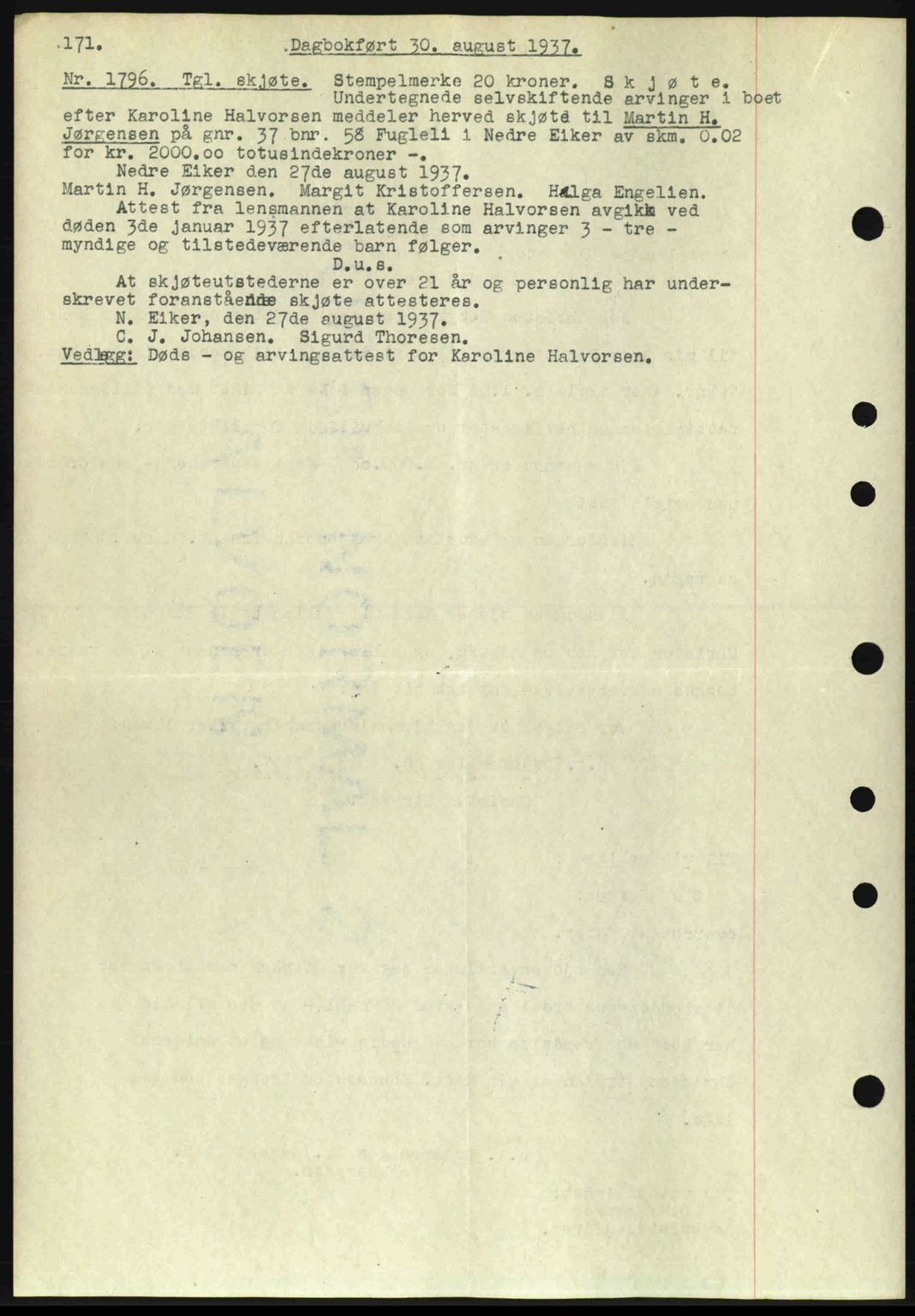 Eiker, Modum og Sigdal sorenskriveri, SAKO/A-123/G/Ga/Gab/L0036: Pantebok nr. A6, 1937-1937, Dagboknr: 1796/1937