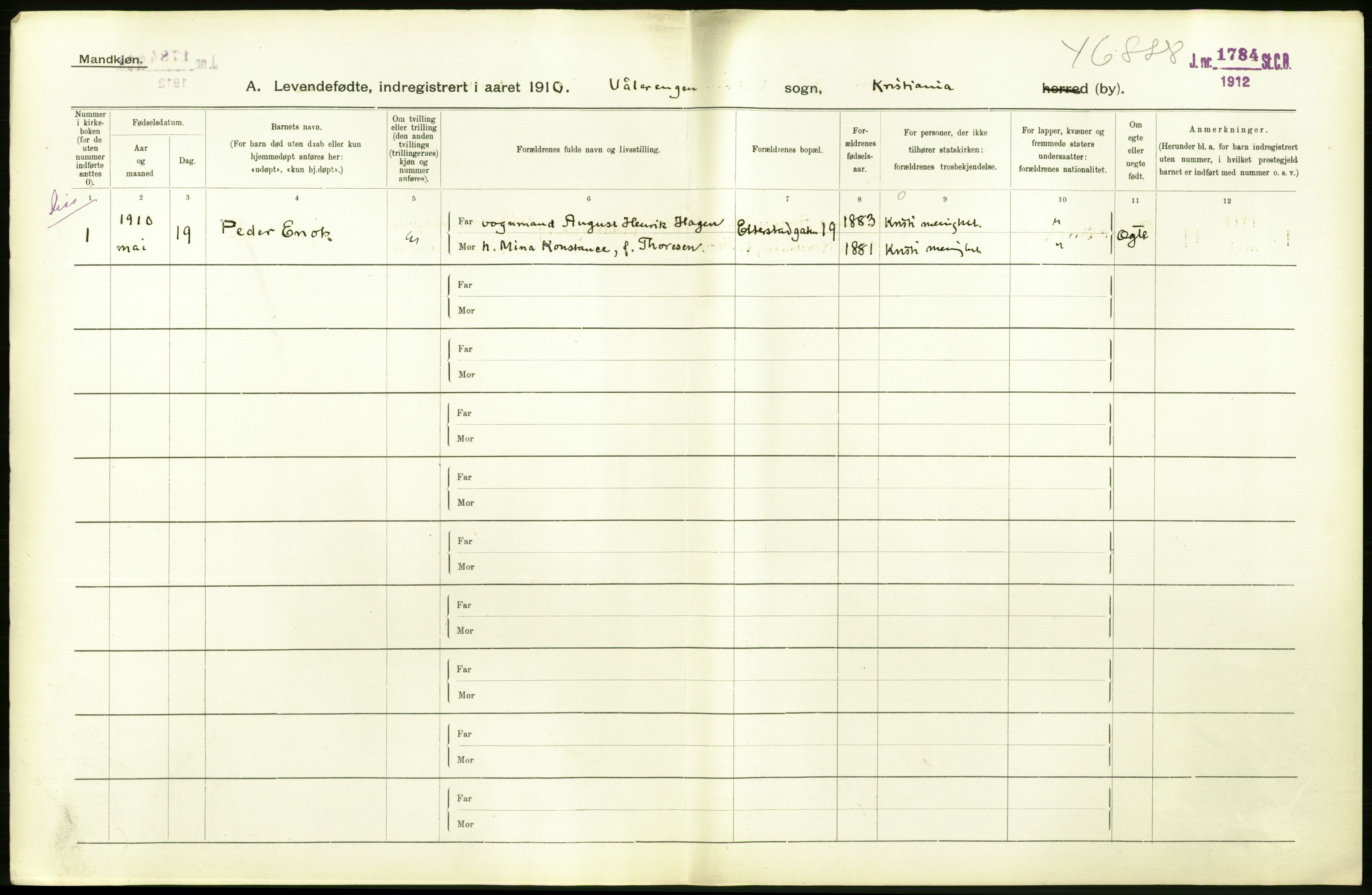 Statistisk sentralbyrå, Sosiodemografiske emner, Befolkning, RA/S-2228/D/Df/Dfa/Dfah/L0006: Kristiania: Levendefødte menn., 1910, s. 462