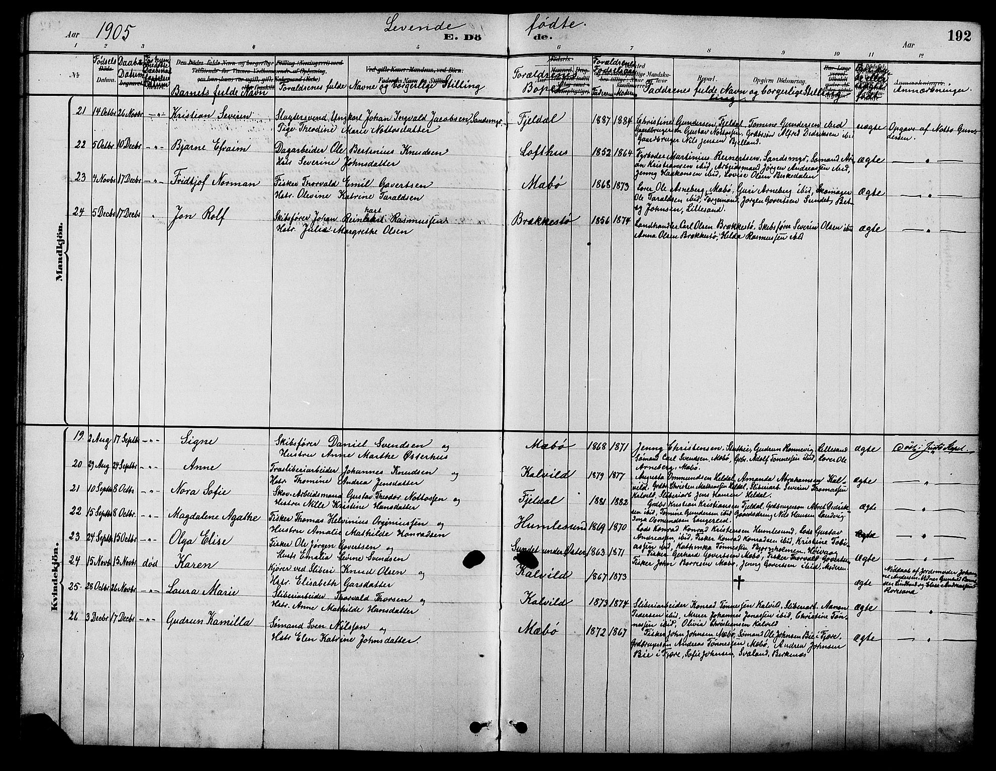 Vestre Moland sokneprestkontor, AV/SAK-1111-0046/F/Fb/Fbb/L0006: Klokkerbok nr. B 6, 1884-1905, s. 192