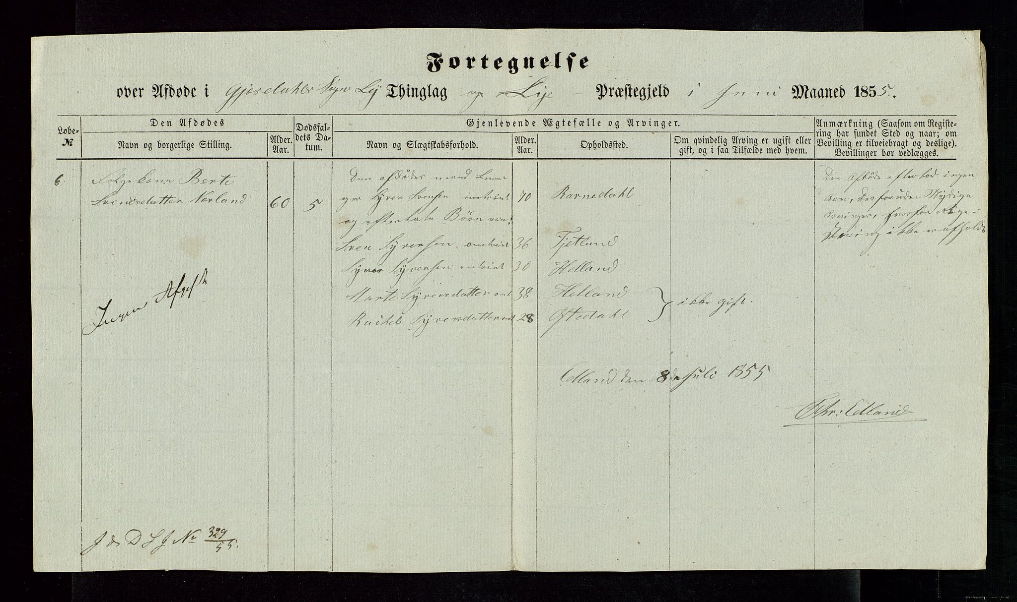 Jæren og Dalane sorenskriveri, AV/SAST-A-100306/5/52AC/L0001: DØDSFALL-LISTER JÆREN, 1851-1855, s. 36