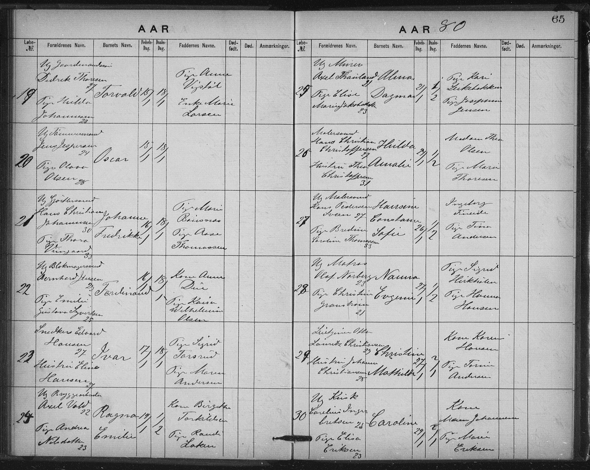 Rikshospitalet prestekontor Kirkebøker, AV/SAO-A-10309b/K/L0003/0001: Dåpsbok nr. 3.1, 1877-1884, s. 65