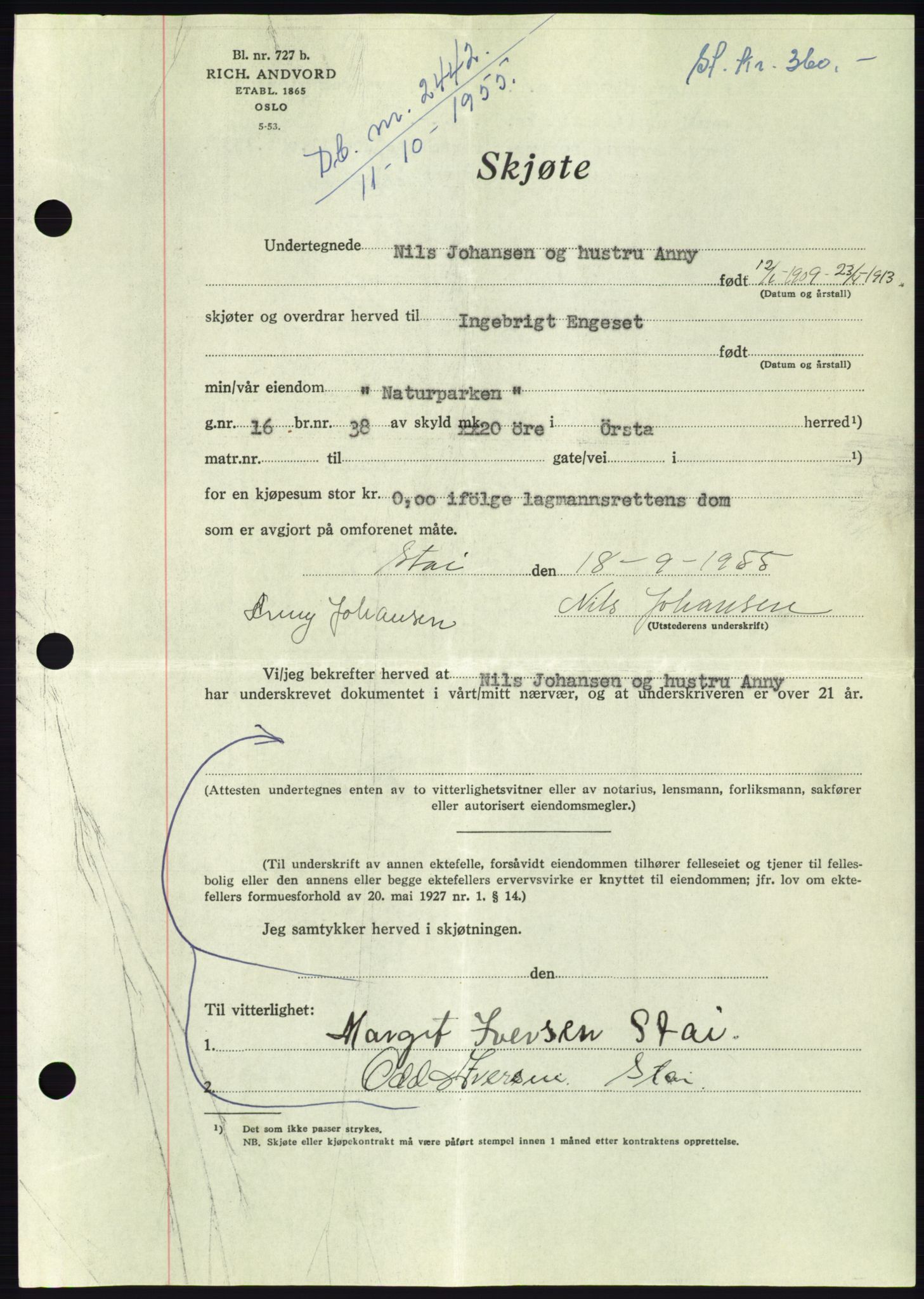 Søre Sunnmøre sorenskriveri, SAT/A-4122/1/2/2C/L0102: Pantebok nr. 28A, 1955-1956, Dagboknr: 2442/1955