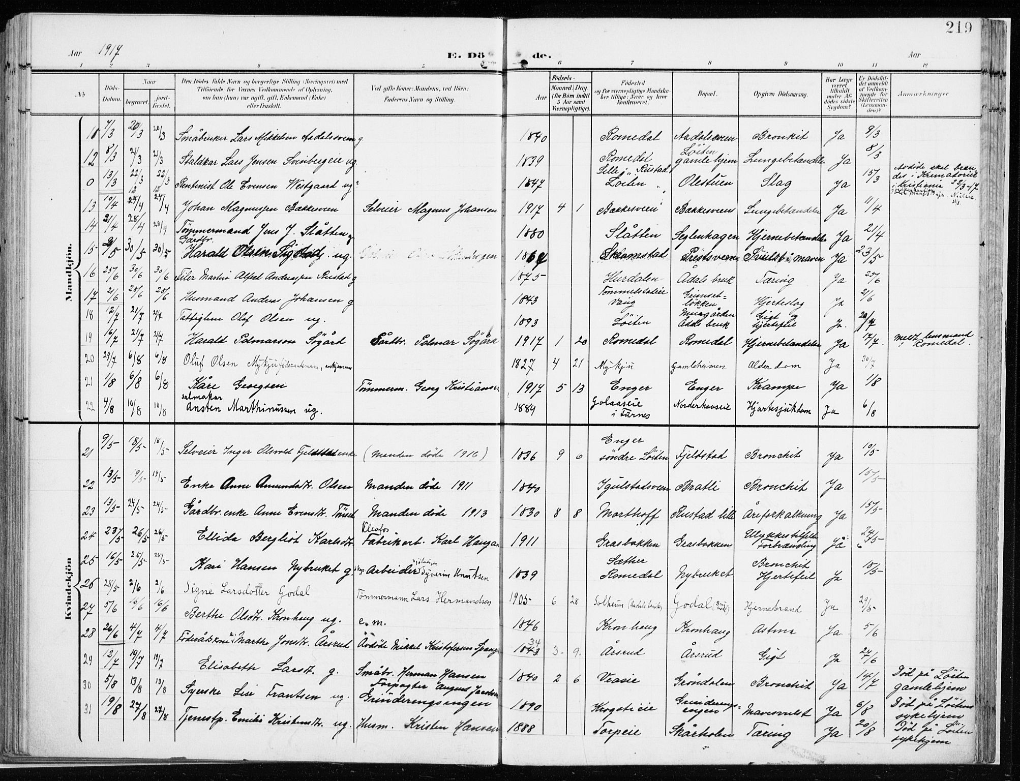 Løten prestekontor, AV/SAH-PREST-022/K/Ka/L0011: Ministerialbok nr. 11, 1908-1917, s. 219