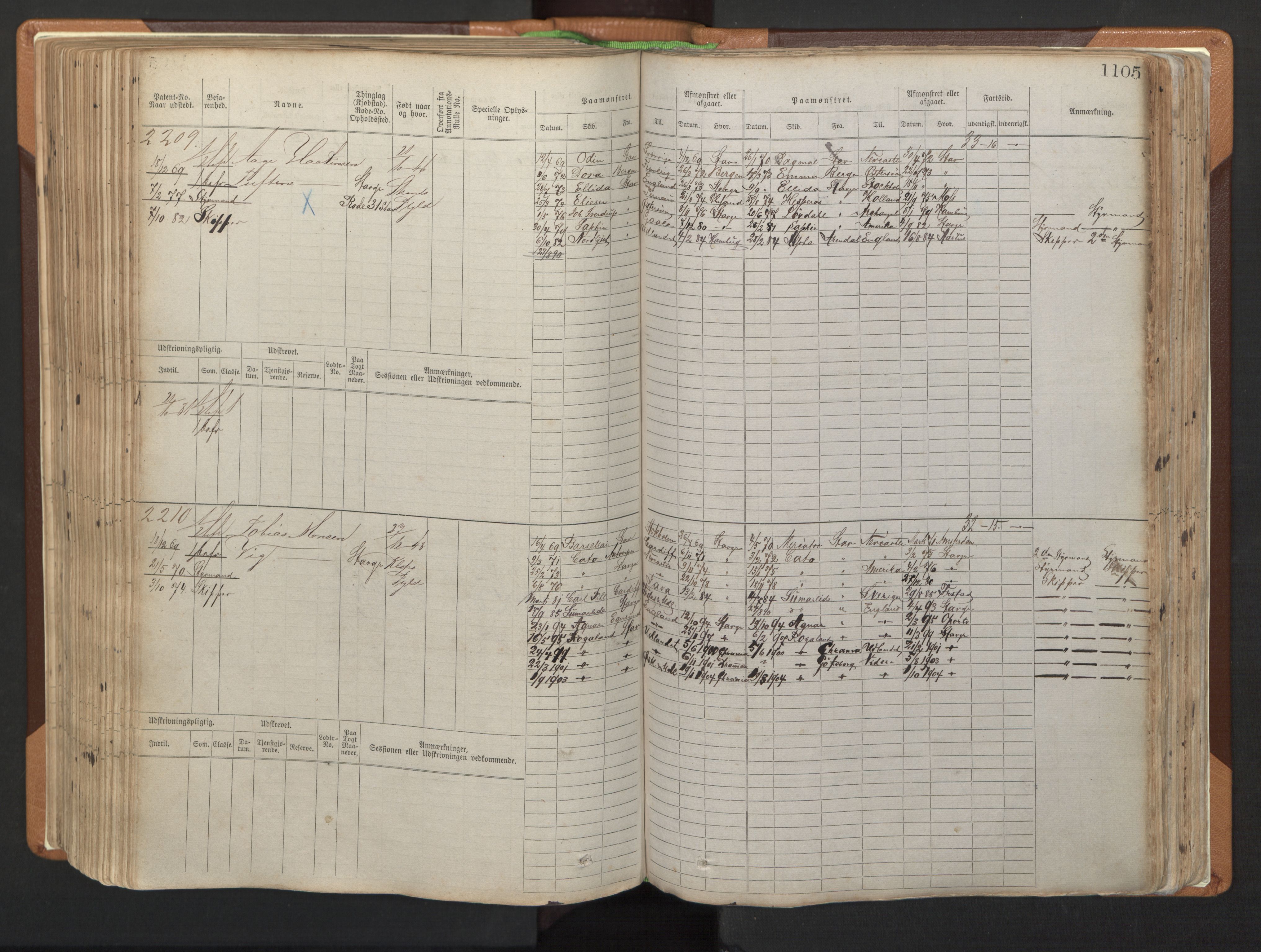 Stavanger sjømannskontor, AV/SAST-A-102006/F/Fb/Fbb/L0006: Sjøfartshovedrulle, patentnr. 1607-2402 (del 3), 1869-1880, s. 305