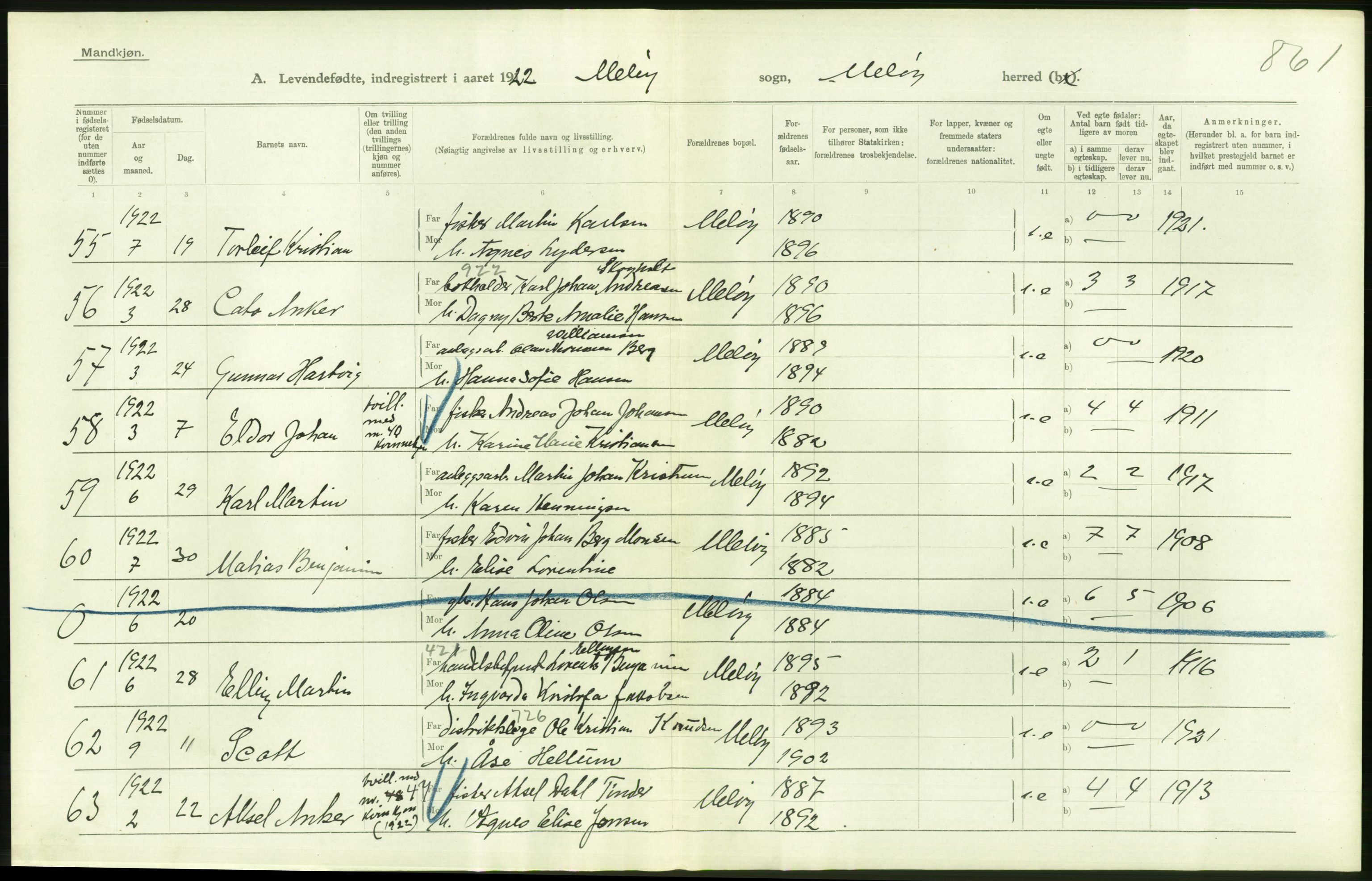 Statistisk sentralbyrå, Sosiodemografiske emner, Befolkning, AV/RA-S-2228/D/Df/Dfc/Dfcb/L0044: Nordland fylke: Levendefødte menn og kvinner. Bygder og byer., 1922, s. 456