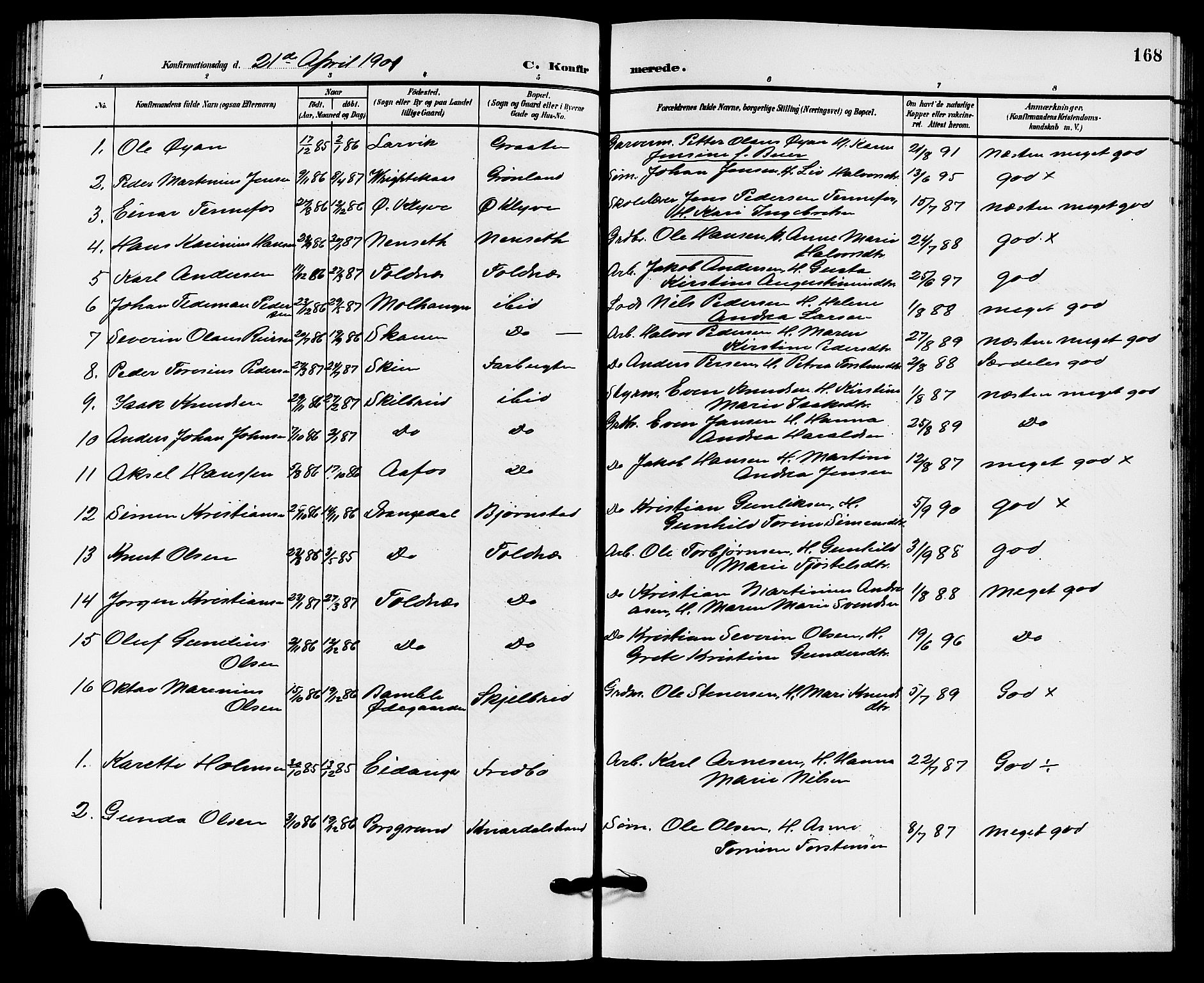 Solum kirkebøker, AV/SAKO-A-306/G/Ga/L0008: Klokkerbok nr. I 8, 1898-1909, s. 168