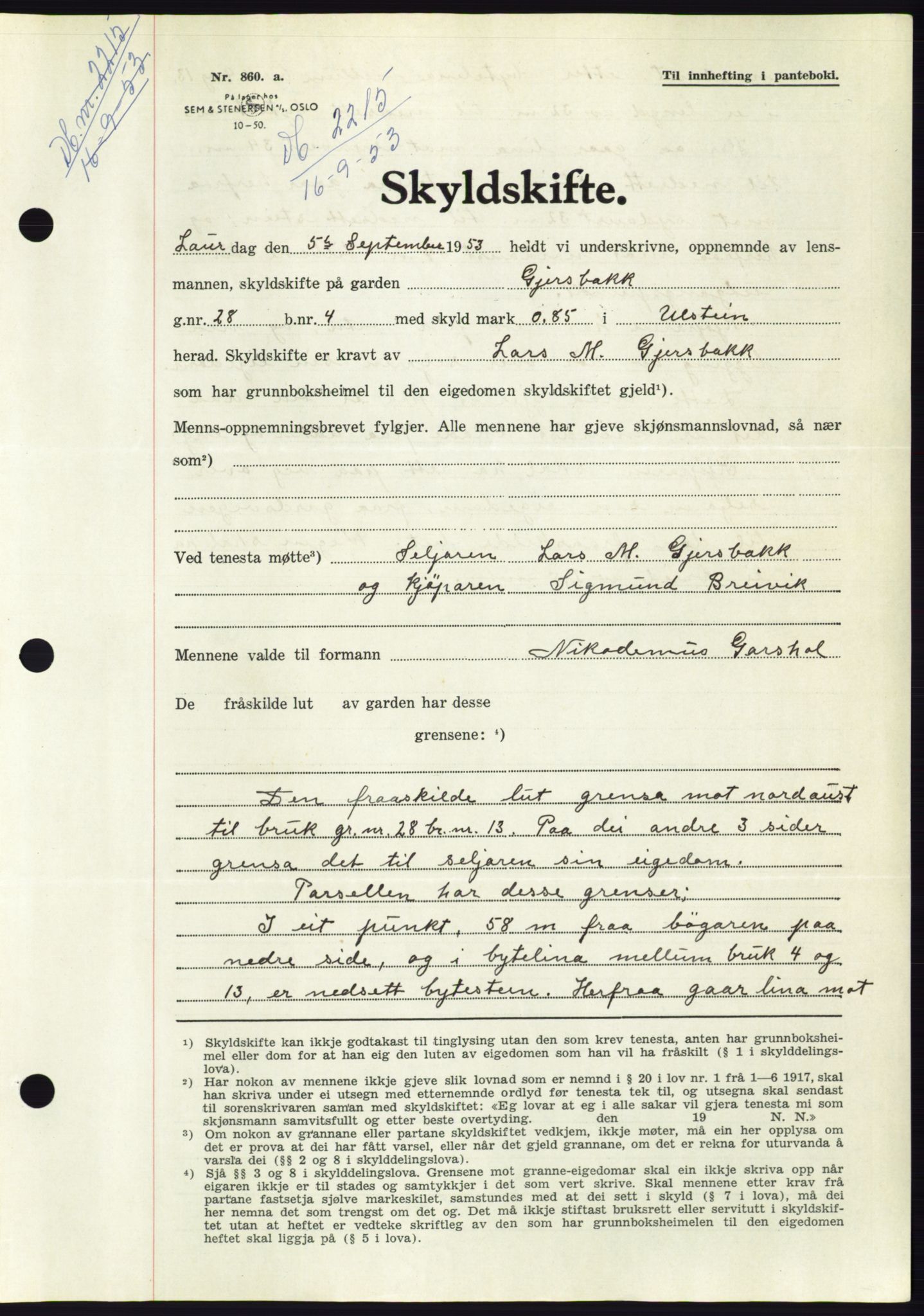 Søre Sunnmøre sorenskriveri, AV/SAT-A-4122/1/2/2C/L0095: Pantebok nr. 21A, 1953-1953, Dagboknr: 2215/1953