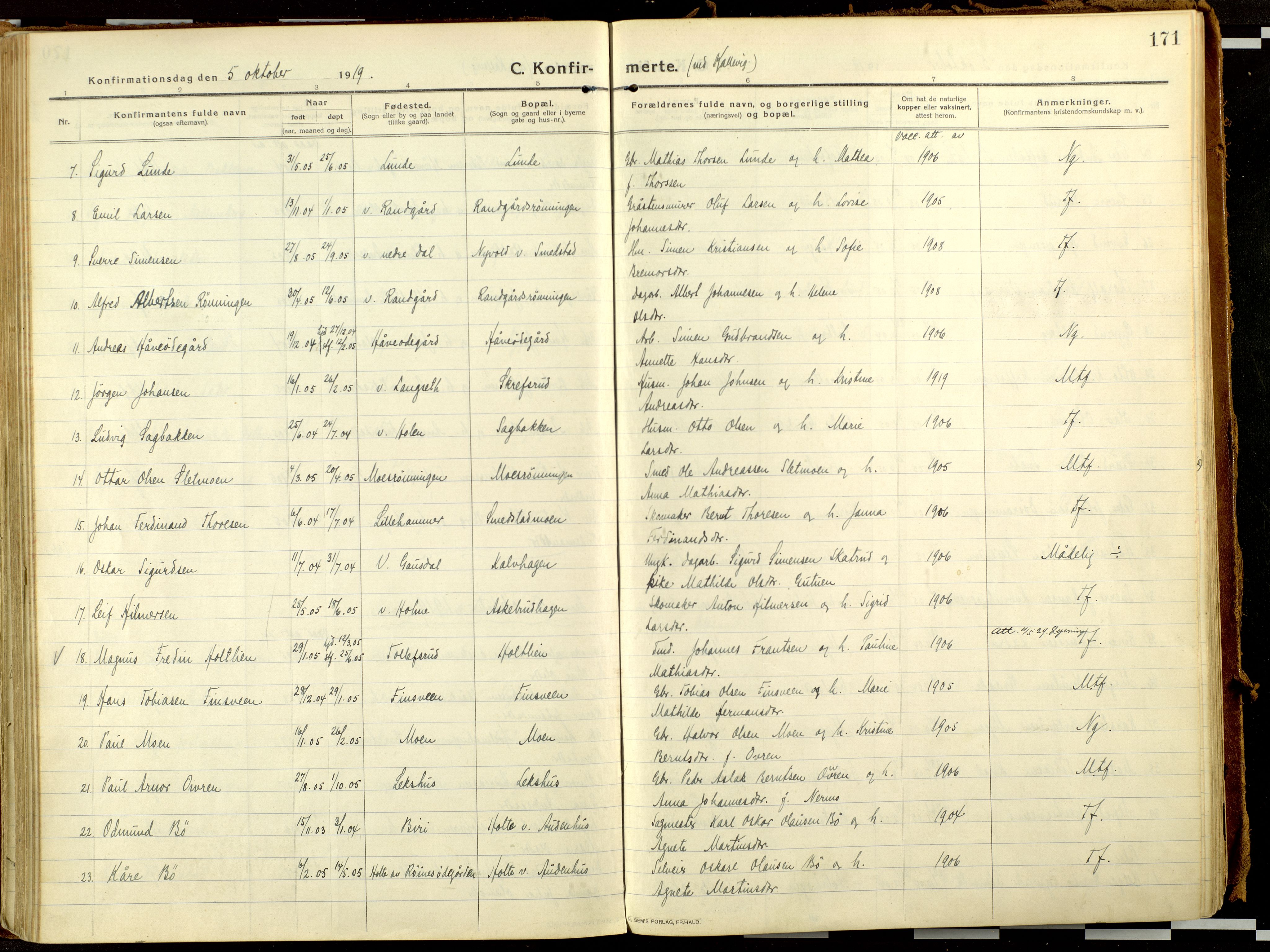 Fåberg prestekontor, AV/SAH-PREST-086/H/Ha/Haa/L0013: Ministerialbok nr. 13, 1913-1928, s. 171